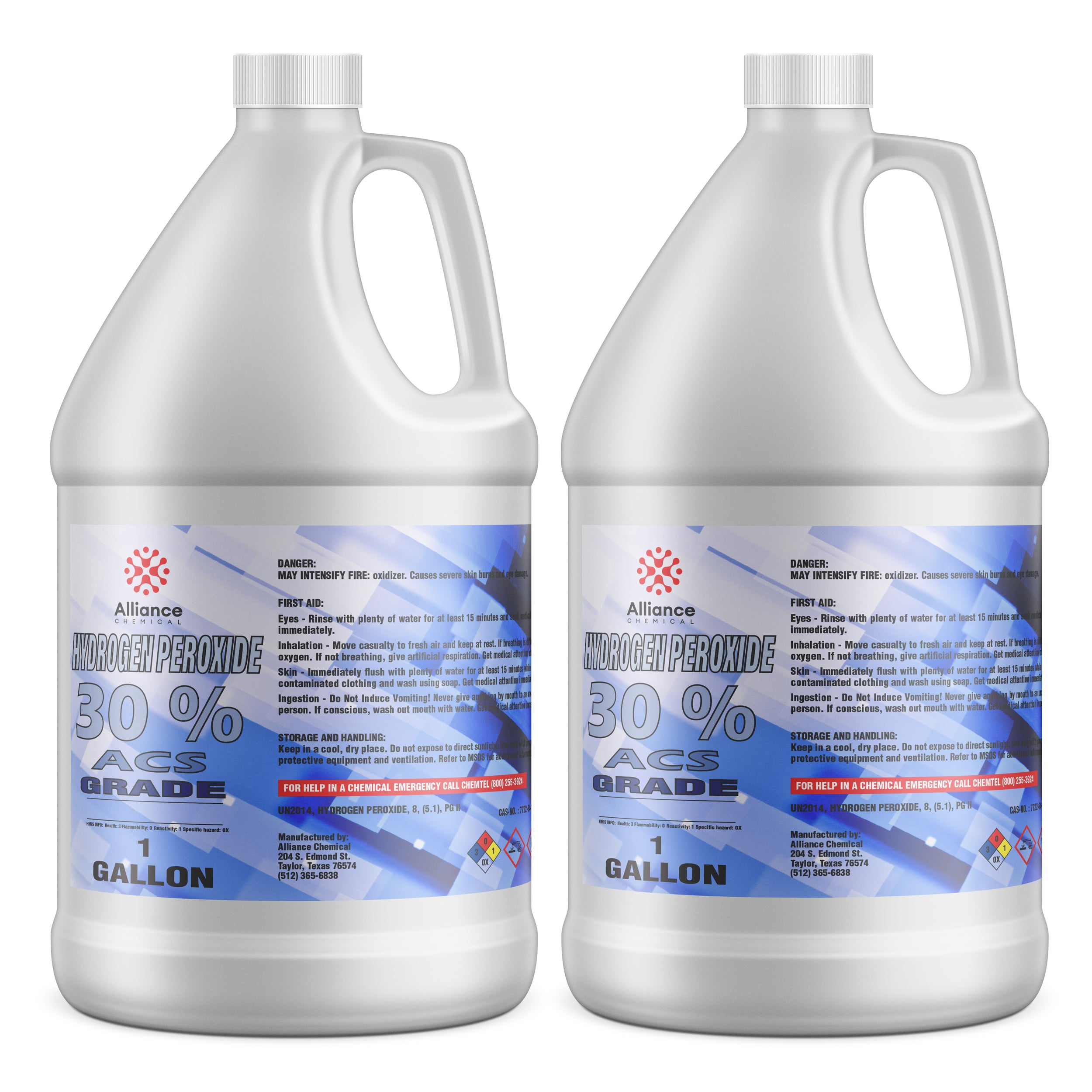 Two 1-gallon HDPE bottles of Alliance Chemical 30% Hydrogen Peroxide ACS Grade with blue safety labels, NFPA diamond, and first aid instructions.