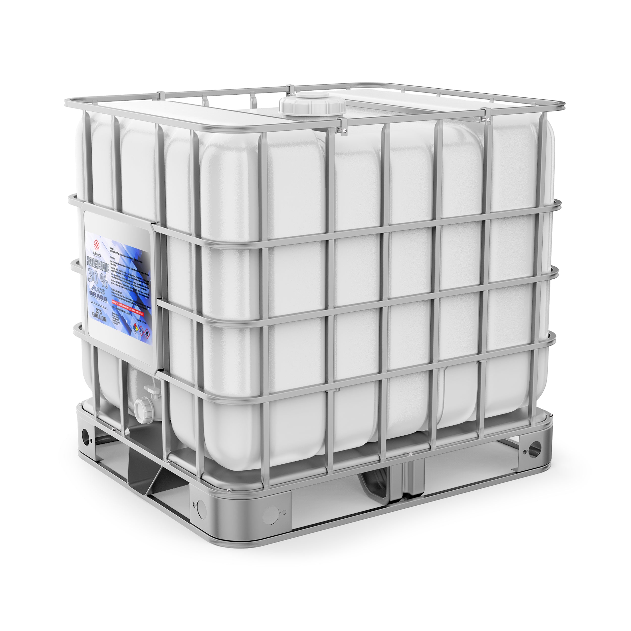 275-gallon IBC tote of 30% ACS-grade hydrogen peroxide in white HDPE container with metal cage, spigot valve, and industrial labeling system.