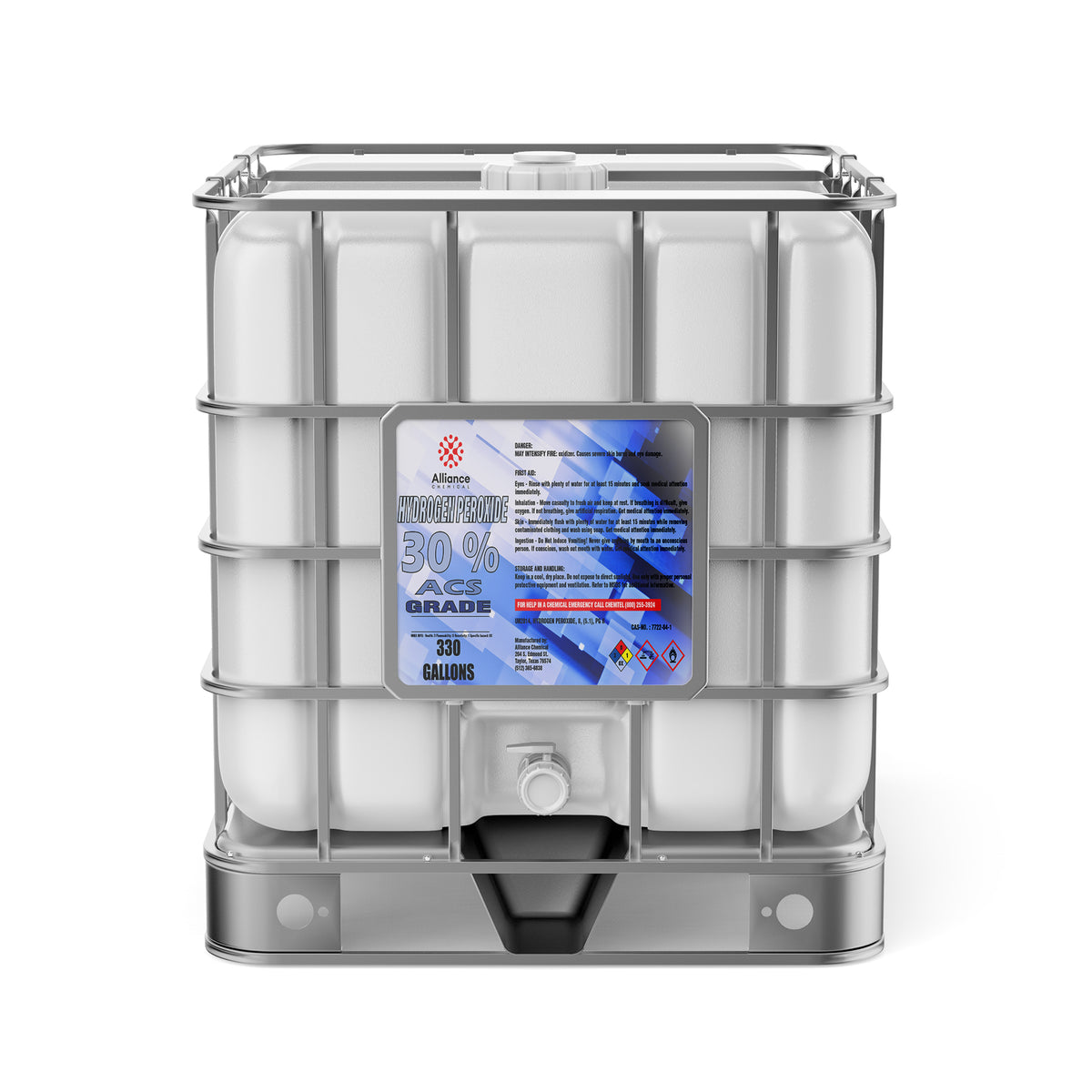 Alliance Chemical 330-gallon plastic tote of Hydrogen Peroxide 30% ACS Grade with steel cage and spigot.