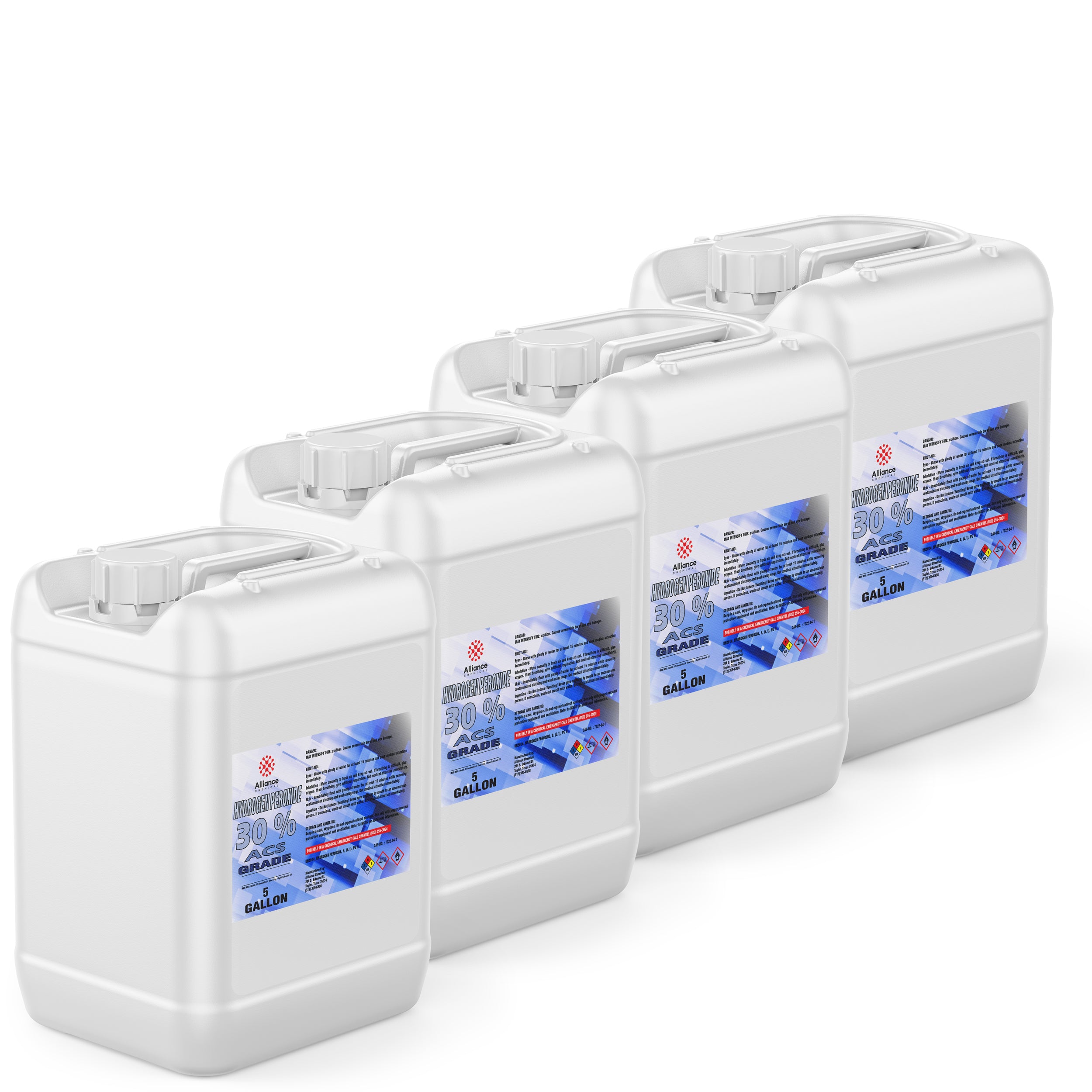 4x5-gallon white HDPE containers of 30% ACS-grade hydrogen peroxide, featuring blue-labeled safety warnings and chemical identification markers.