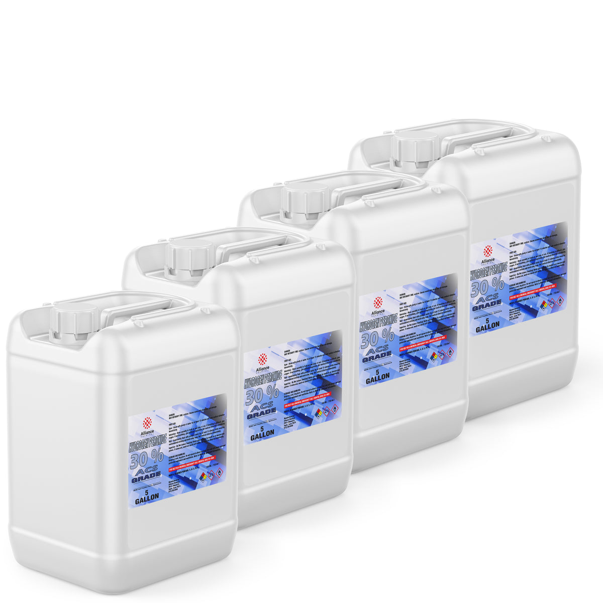 Four 5-gallon HDPE jugs of Alliance Chemical Hydrogen Peroxide 30% ACS Grade with labels and integrated handles