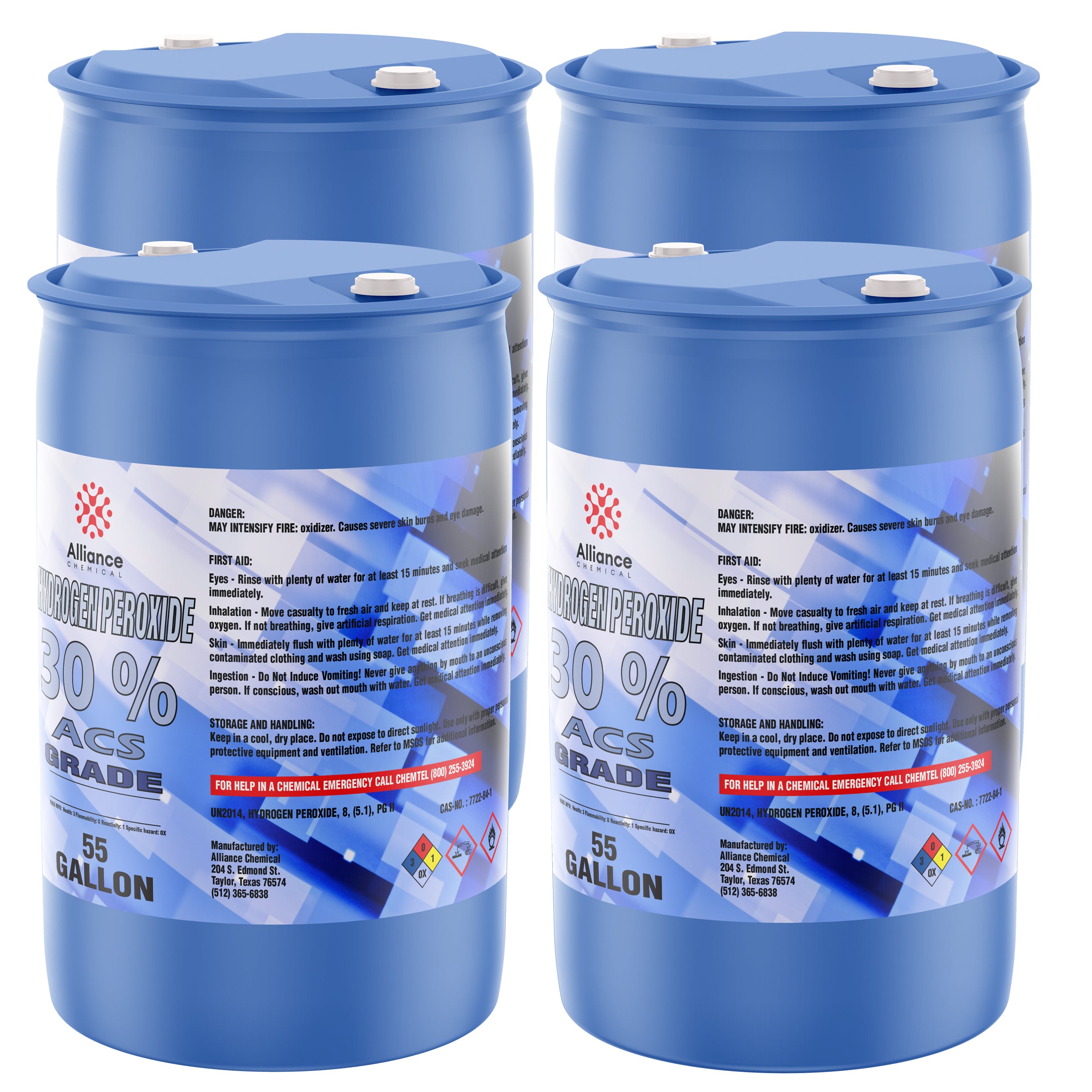 55-gallon blue HDPE drums of 30% ACS-grade Hydrogen Peroxide with hazard warnings, first-aid instructions, and Alliance Chemical manufacturer labeling.