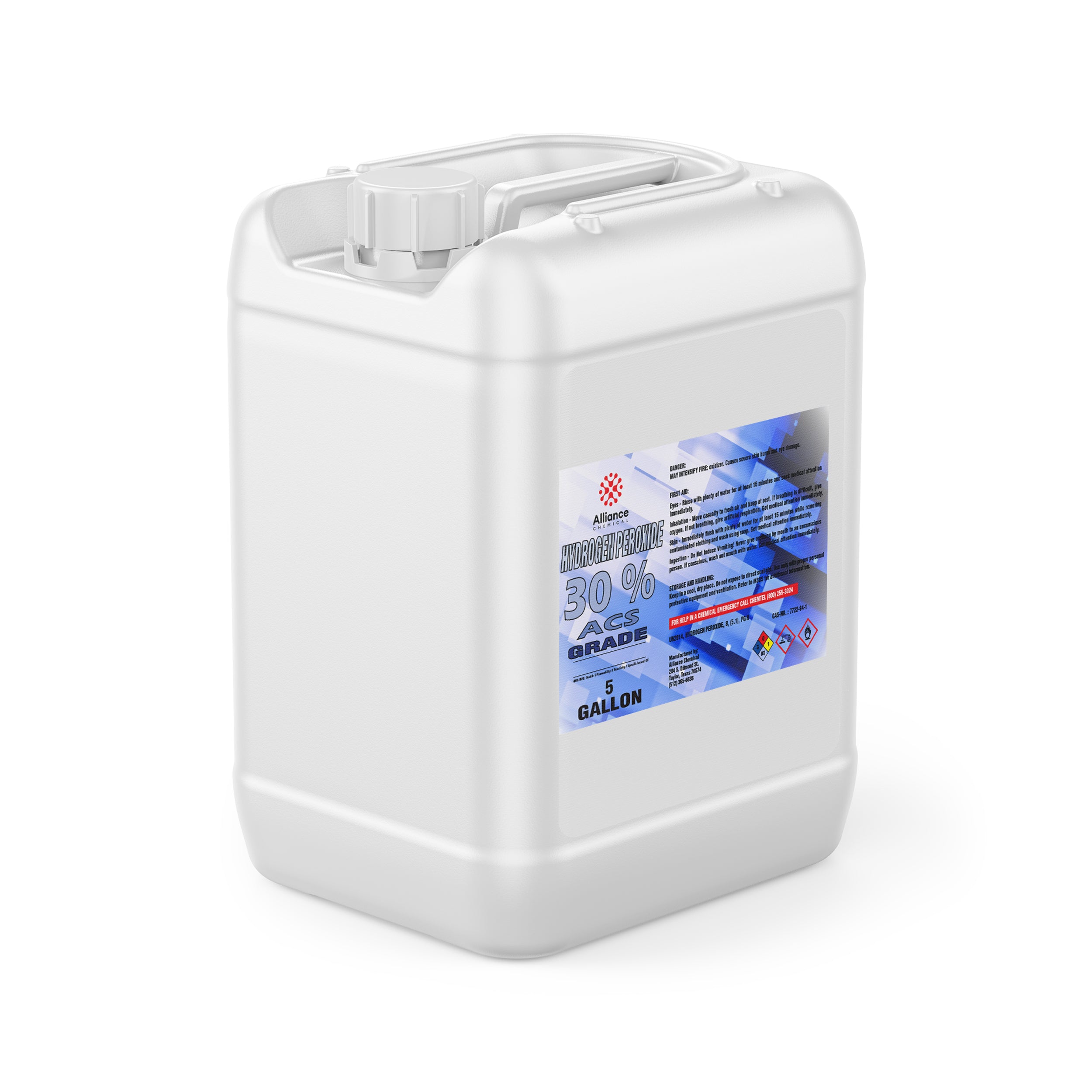 5-gallon white HDPE container of 30% ACS-grade hydrogen peroxide with blue Alliance Chemical label and NFPA hazard warning symbols.