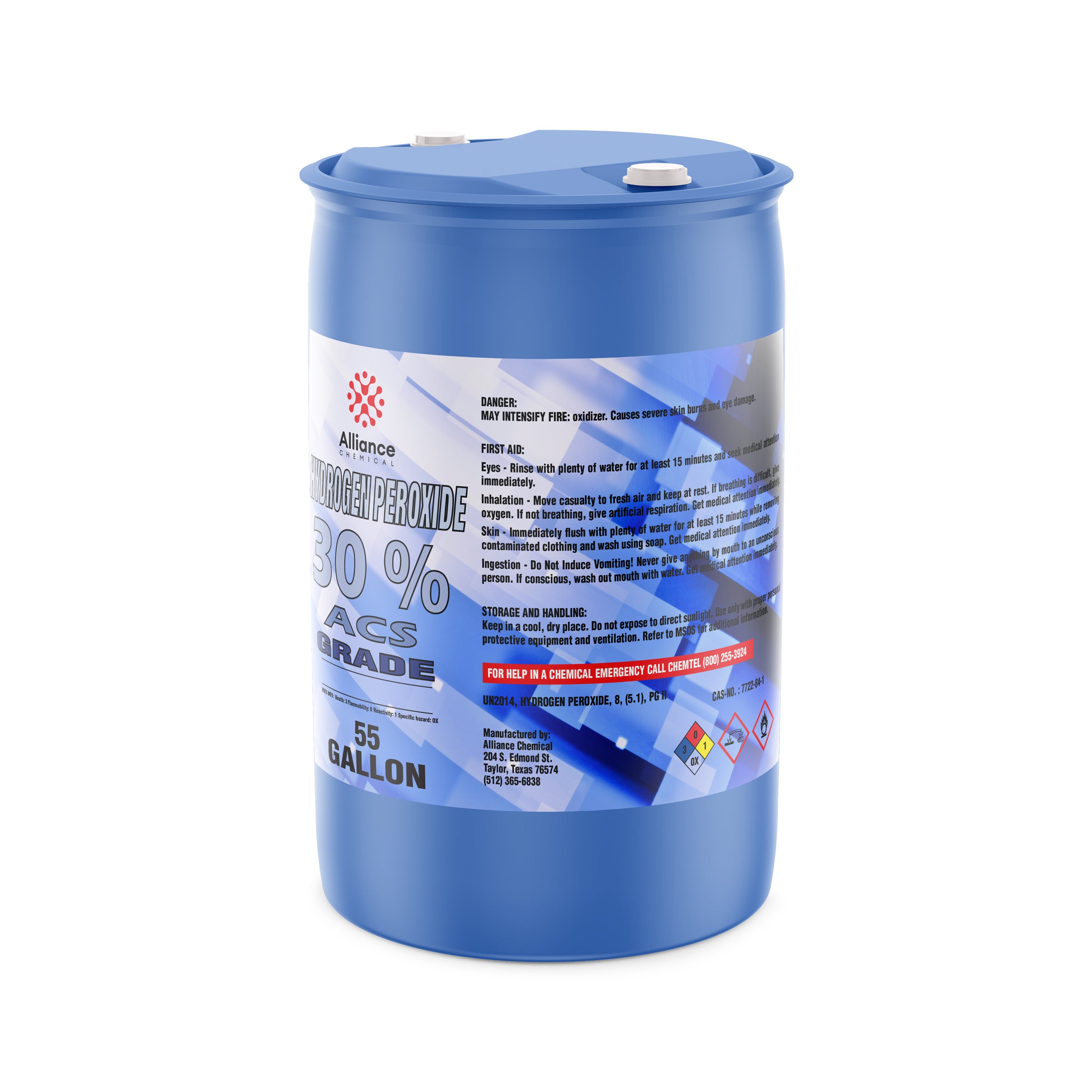55-gallon blue drum of Alliance Chemical 30% ACS-grade hydrogen peroxide with safety warnings, first aid instructions, and NFPA hazard diamonds.