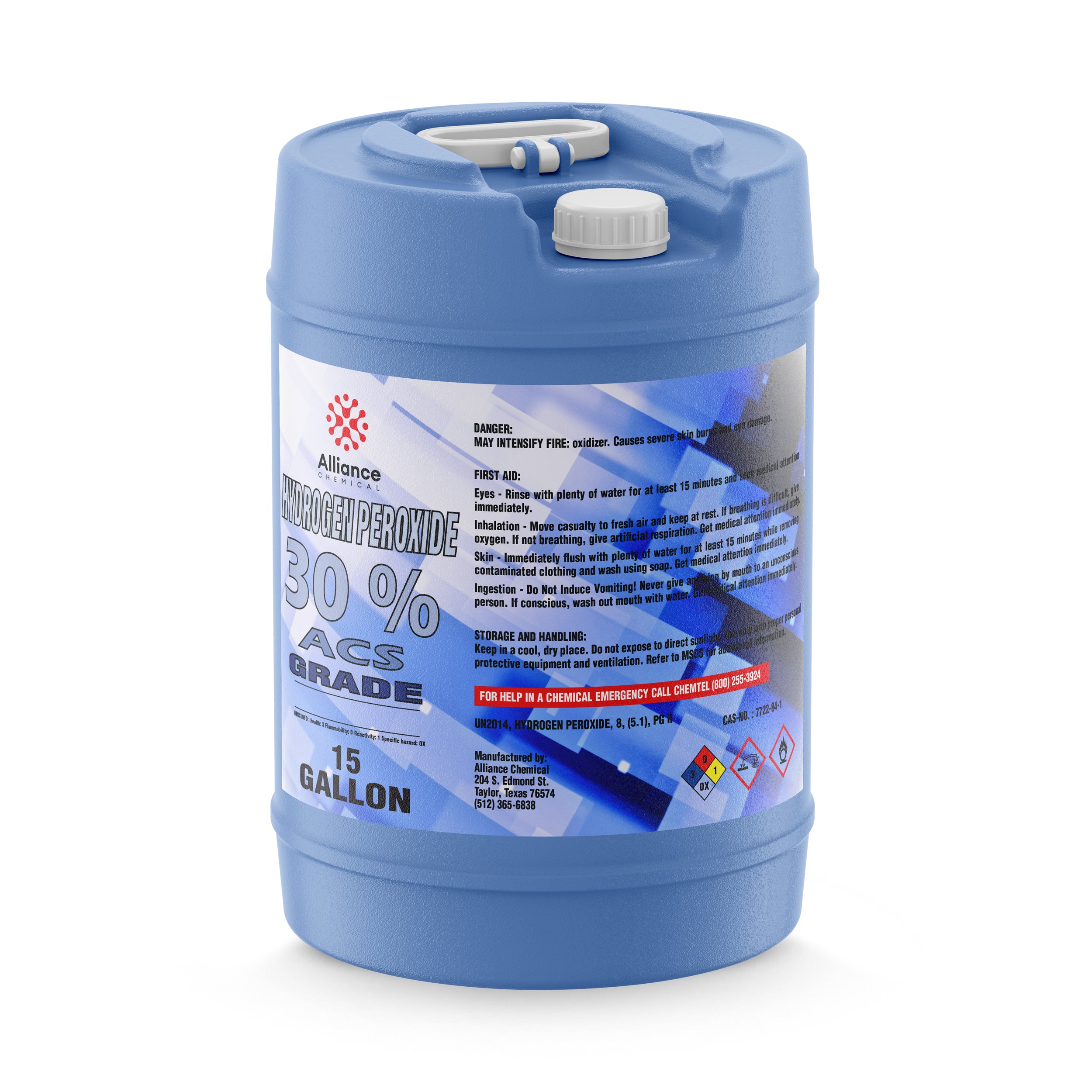 15-gallon blue HDPE carboy of 30% ACS-grade hydrogen peroxide with hazard warnings, first aid instructions, and chemical handling information.