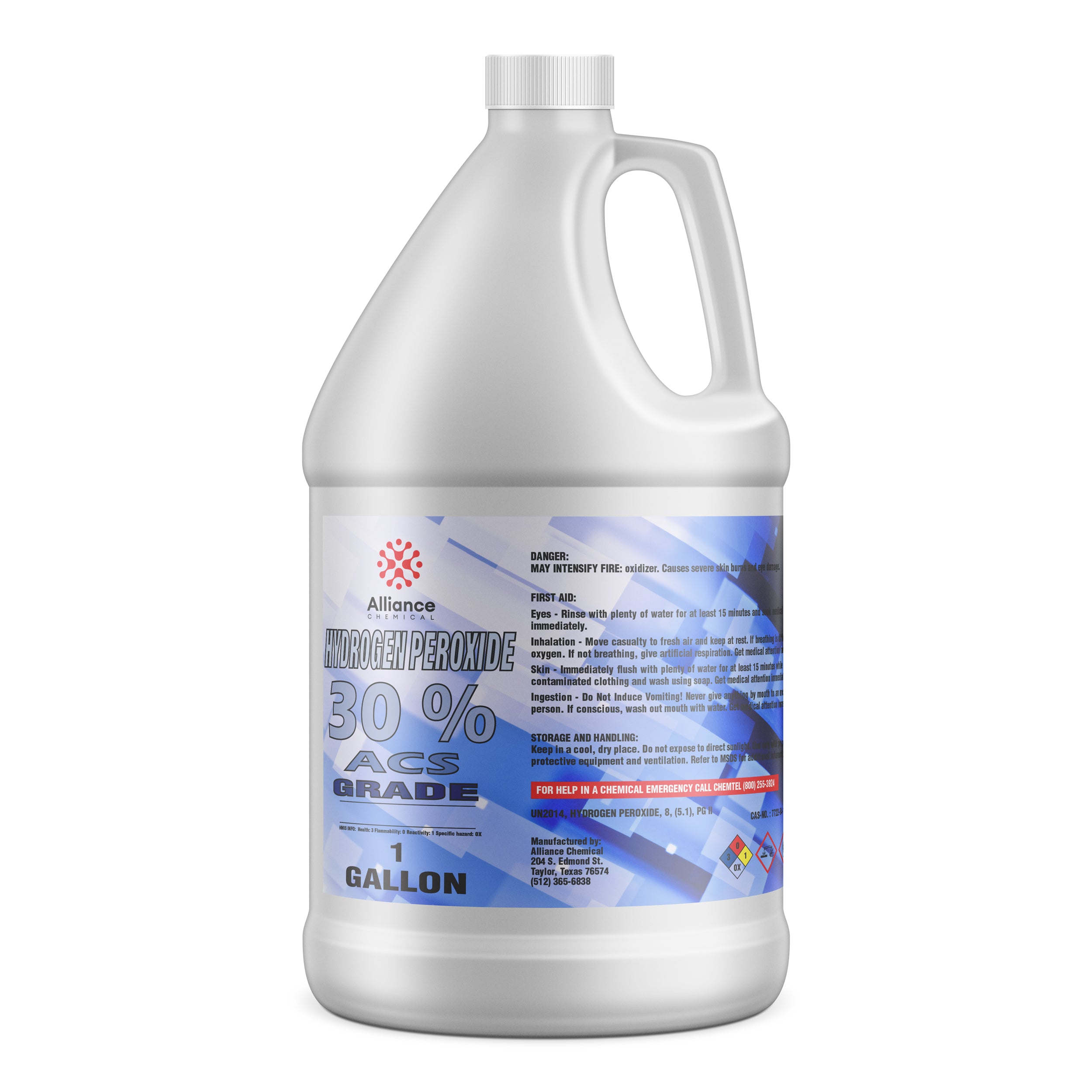One-gallon HDPE container of 30% ACS-grade hydrogen peroxide with blue-gradient label, hazard warnings, first aid instructions, and Alliance Chemical branding.