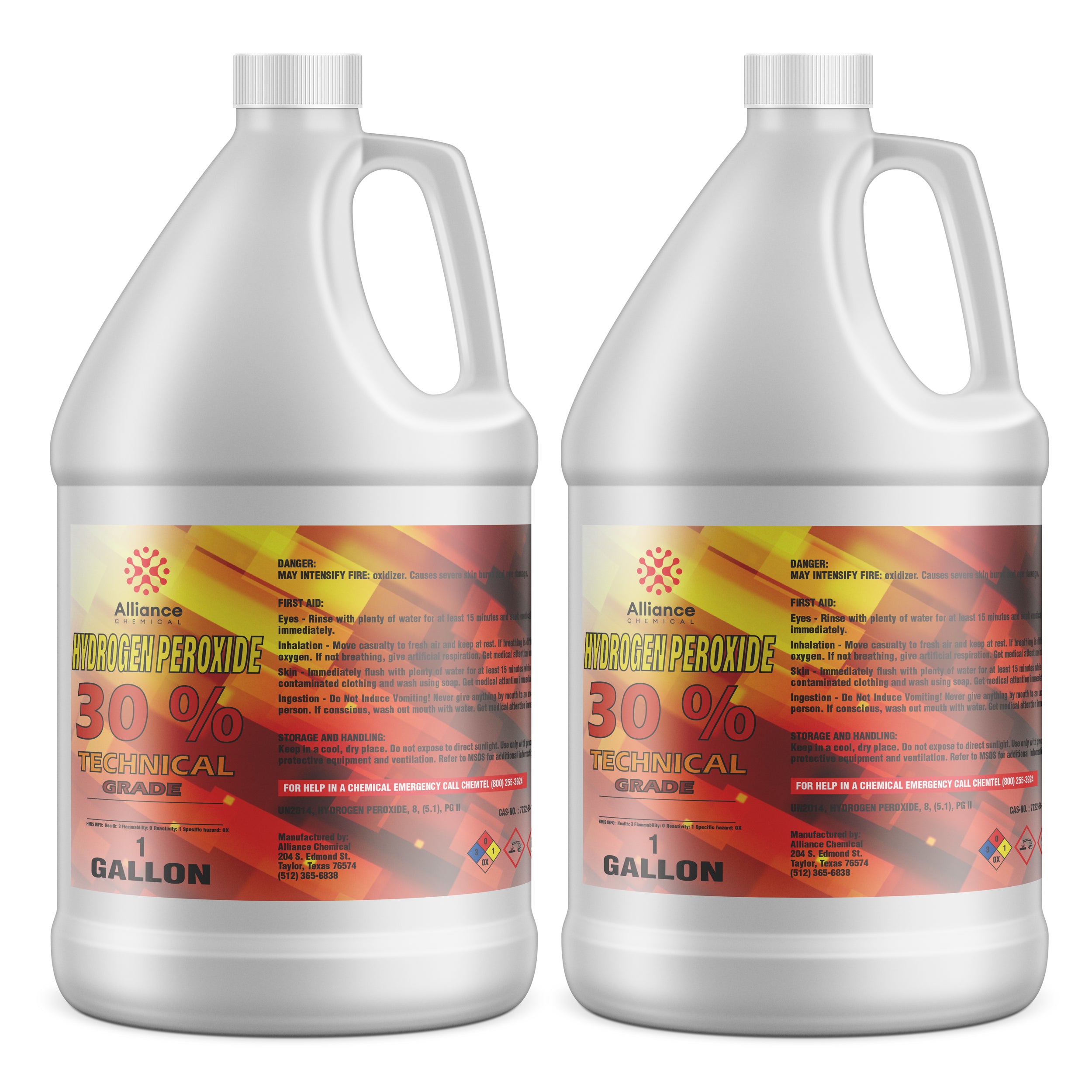 1-gallon containers of Alliance Chemical 30% Technical Grade Hydrogen Peroxide with hazard warnings, first aid instructions, and NFPA diamond label.