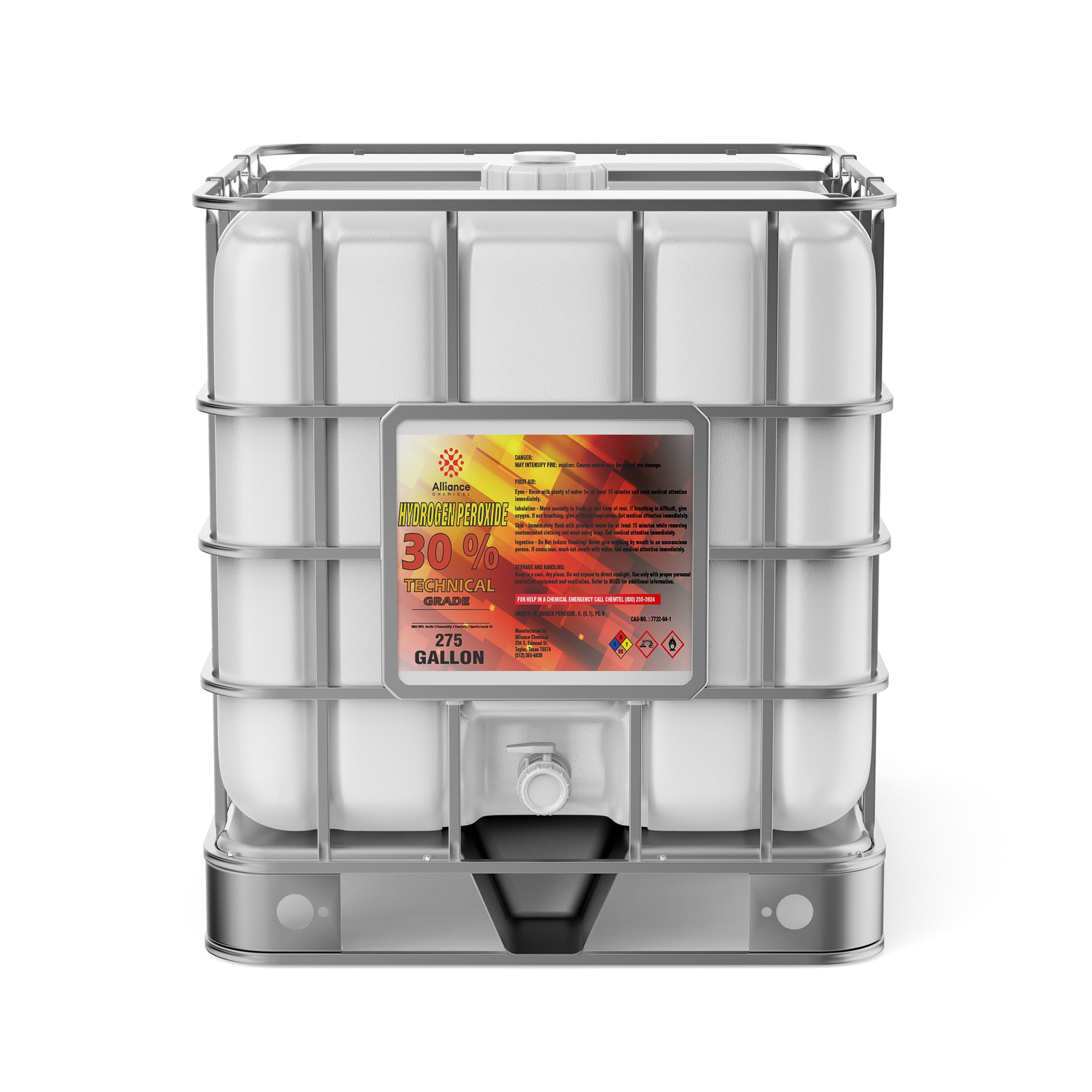 275-gallon IBC tote of 30% Technical Grade Hydrogen Peroxide, white container with metal cage frame, NFPA diamond warnings, drain valve, Alliance Chemical label.
