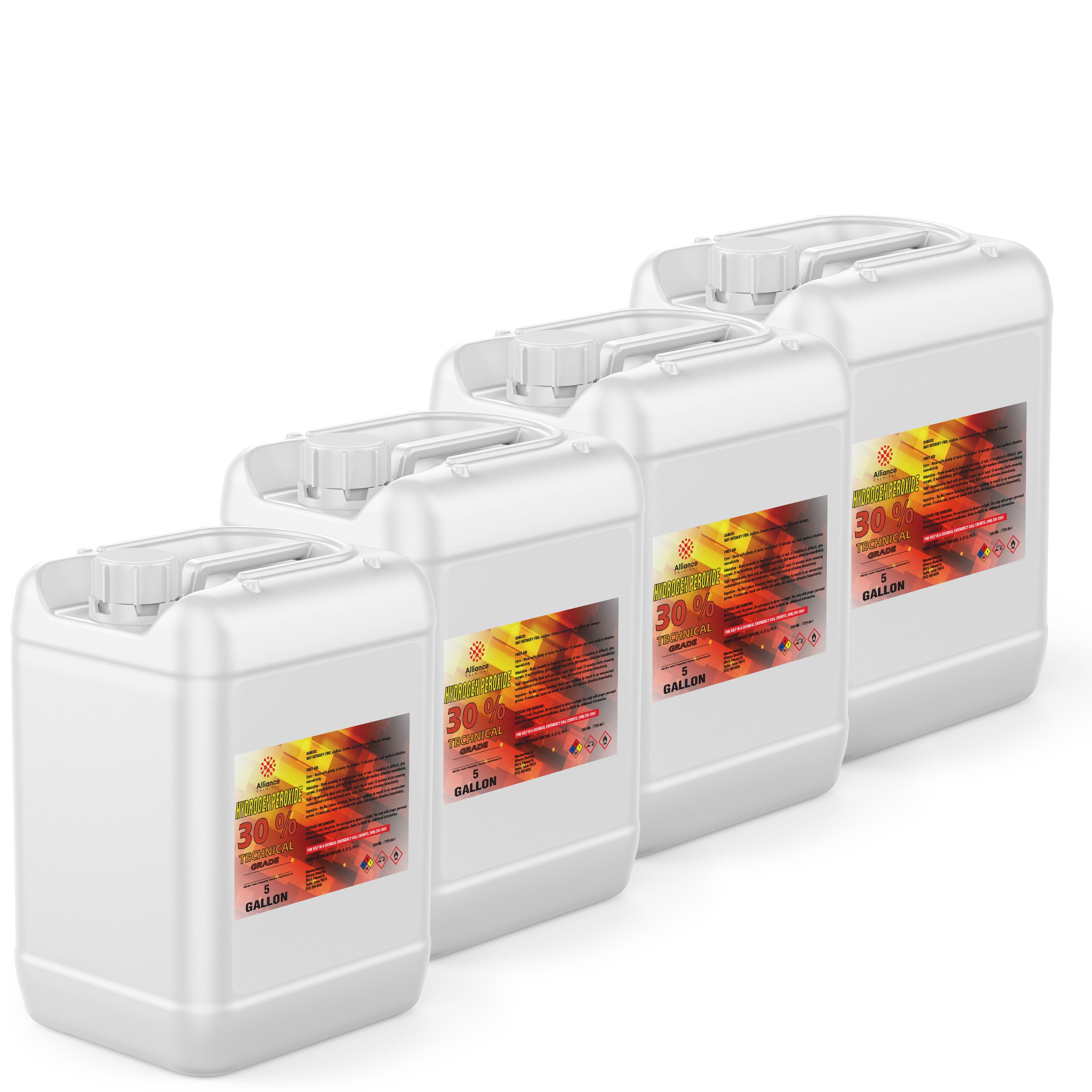 4x5-gallon white HDPE containers of 30% Technical Hydrogen Peroxide with red-yellow hazard warning labels, chemical safety symbols, square screw caps.