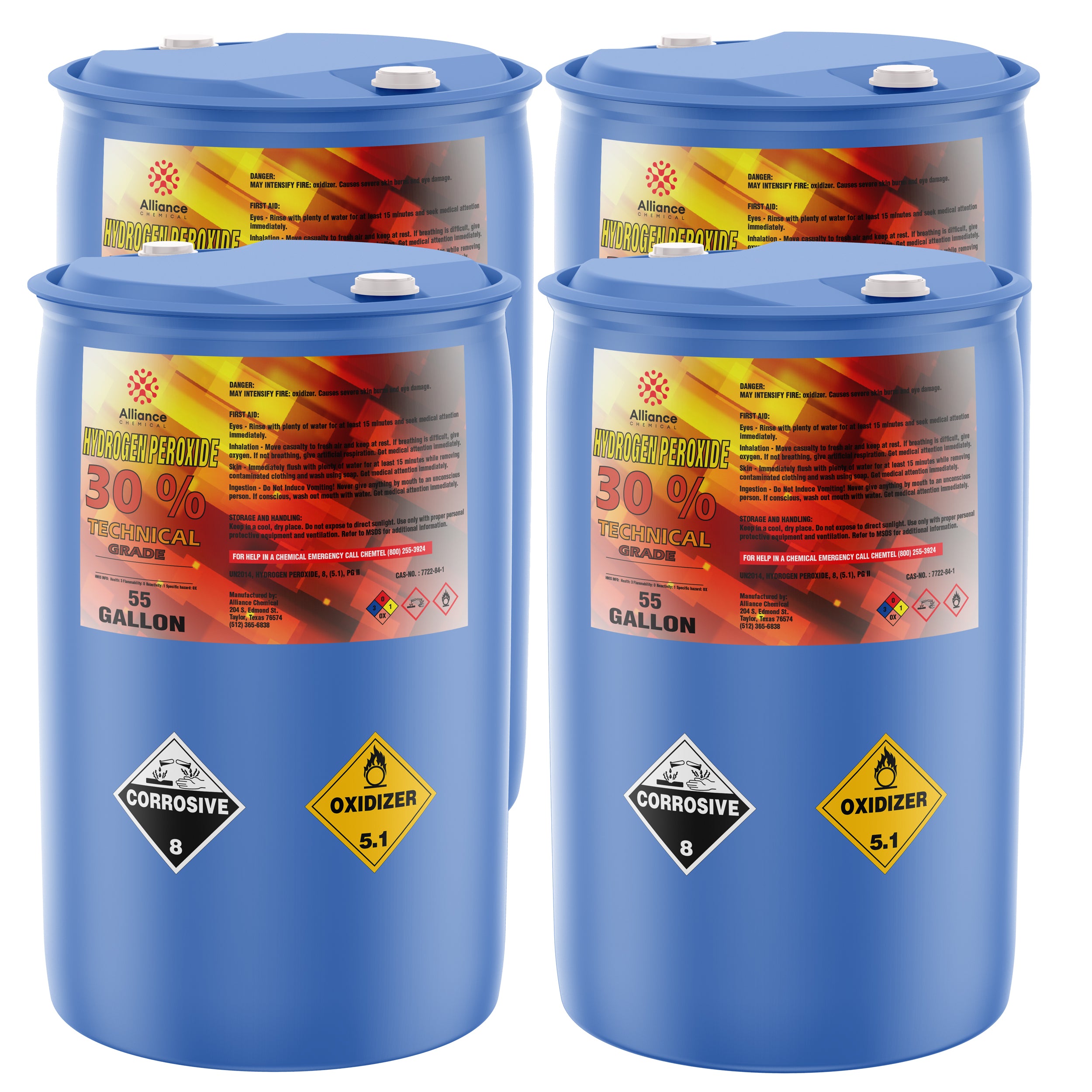 55-gallon industrial hydrogen peroxide 30% technical grade in blue HDPE drums, displaying corrosive (8) and oxidizer (5.1) hazard symbols, Alliance Chemical branded.