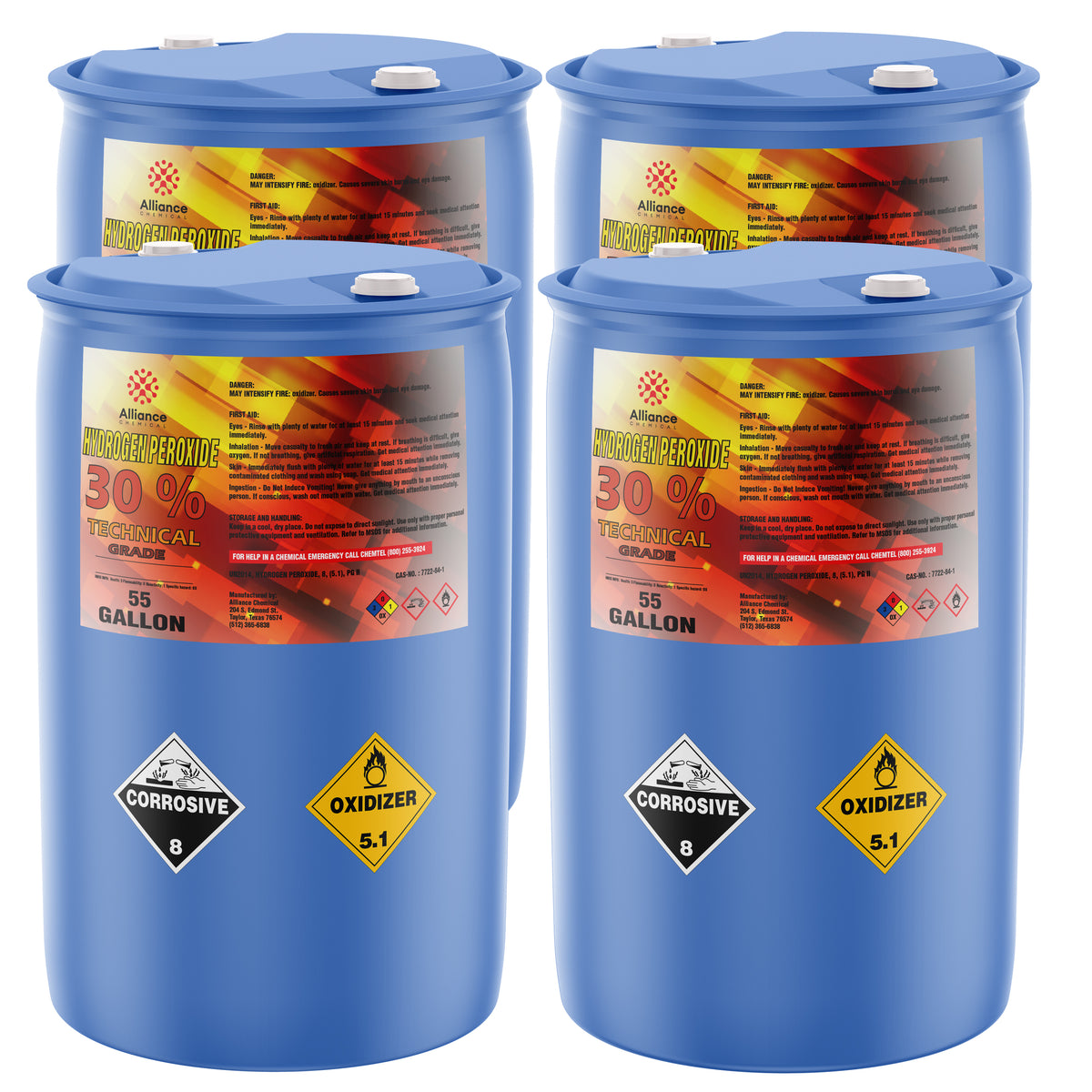 55-gallon industrial hydrogen peroxide 30% technical grade in HDPE drums, displaying corrosive (8) and oxidizer (5.1)