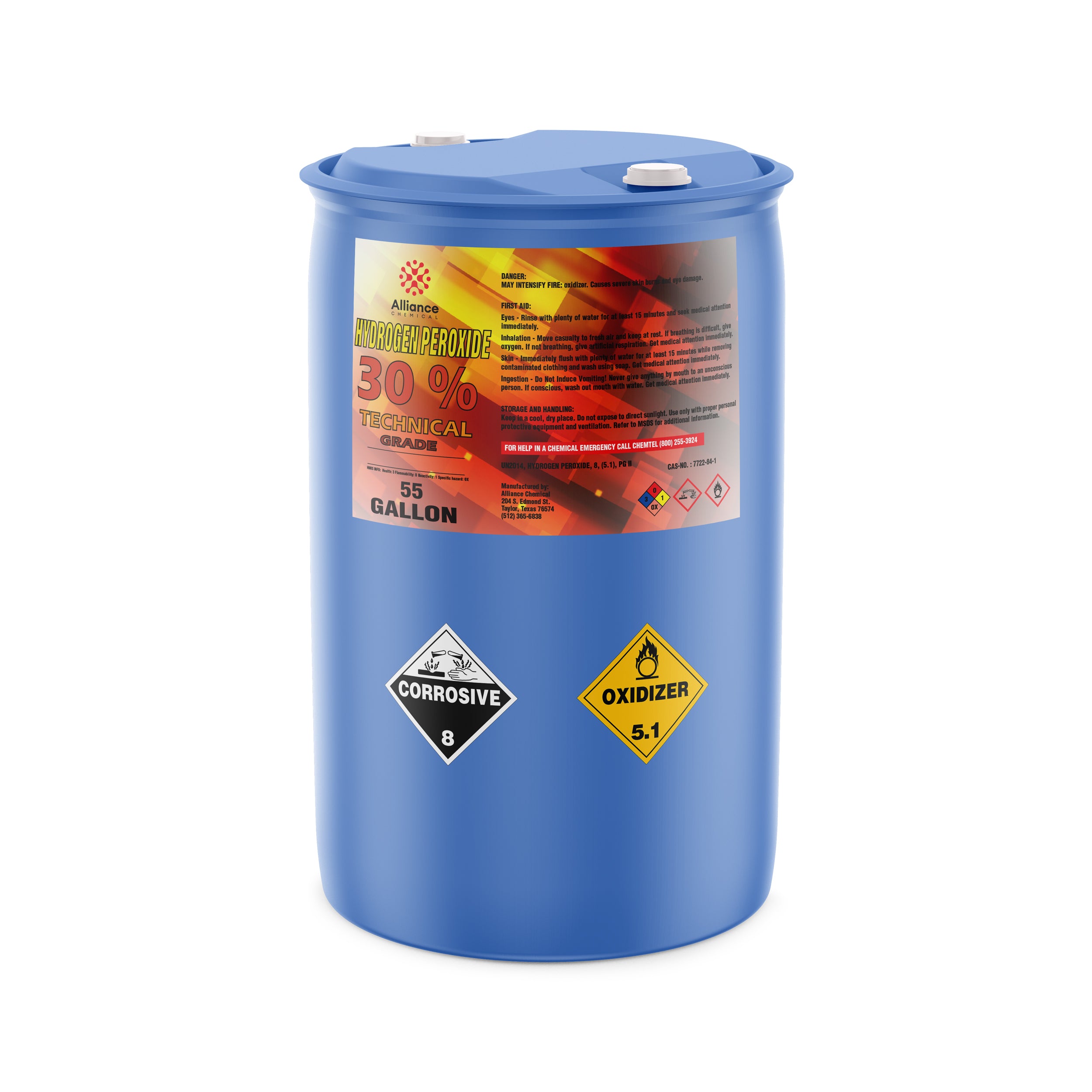 55-gallon blue HDPE drum of 30% Technical Grade Hydrogen Peroxide with corrosive (8) and oxidizer (5.1) hazard labels, Alliance Chemical branded.