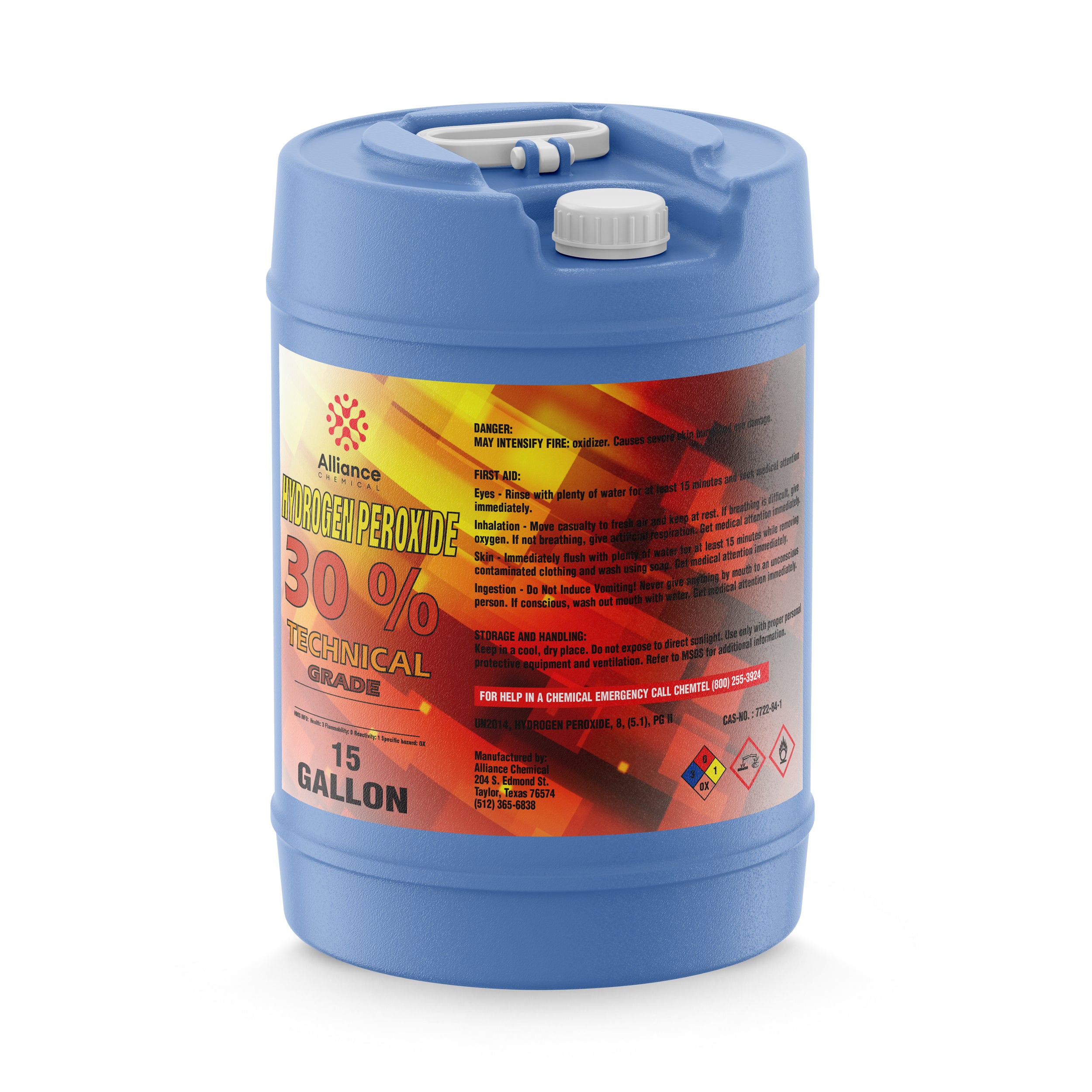 15-gallon blue HDPE carboy of 30% Technical Grade Hydrogen Peroxide, featuring oxidizer warning symbols, first-aid instructions, and Alliance Chemical branding.