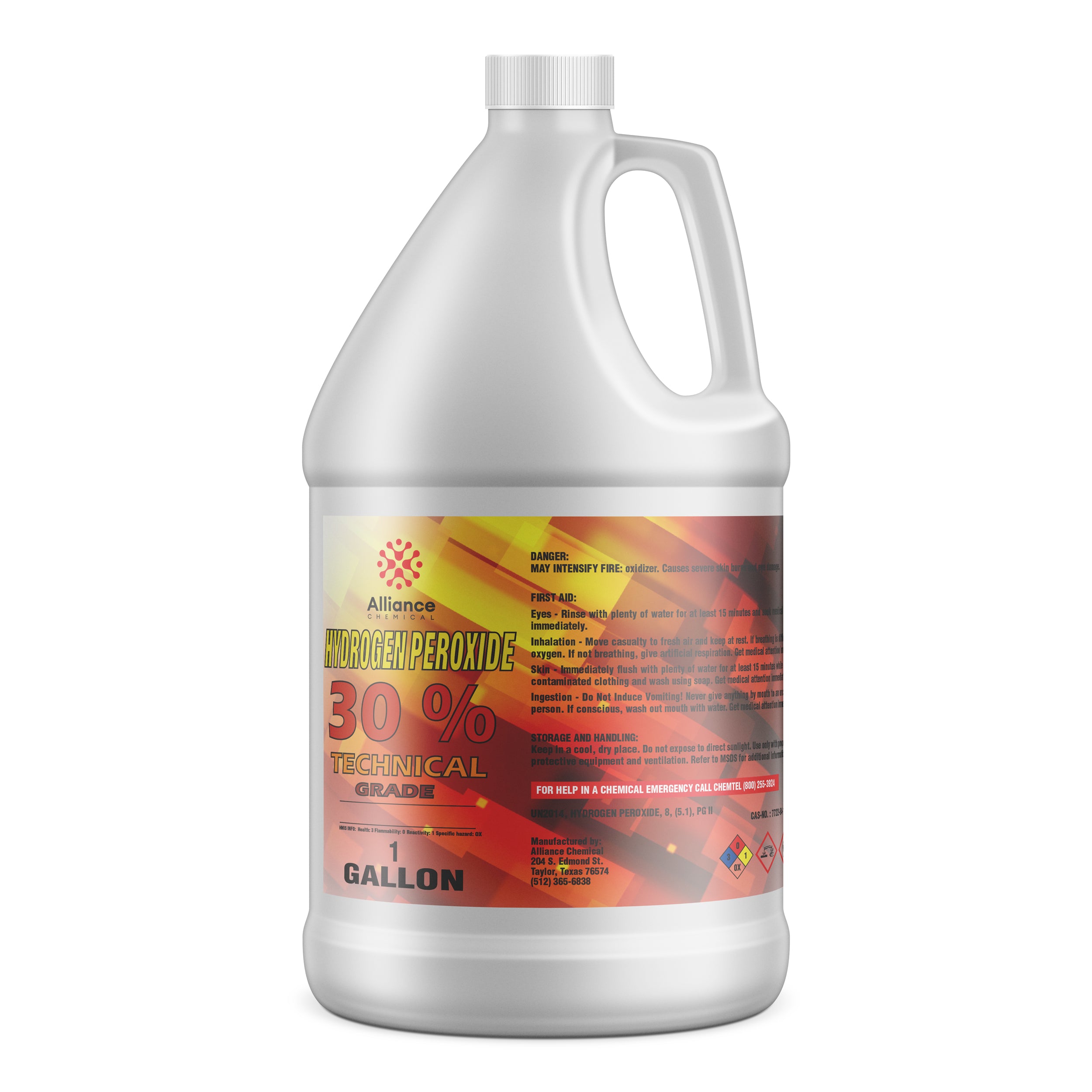 1-gallon technical-grade 30% hydrogen peroxide in white HDPE jug with red hazard warning label, NFPA diamond, oxidizer symbols.