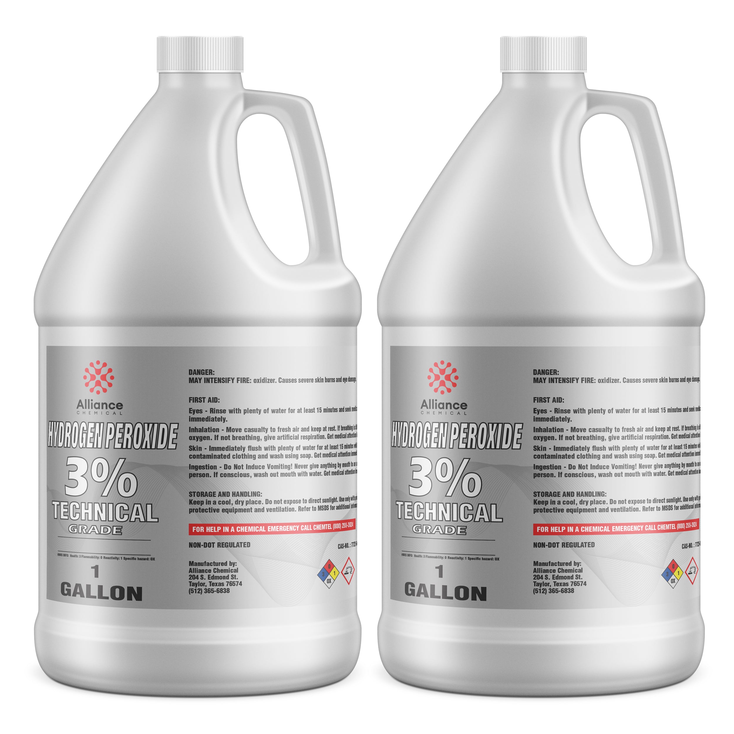 1-gallon containers of Alliance Chemical 3% Technical Grade Hydrogen Peroxide, white HDPE jugs with safety warnings, hazmat symbols, and first aid instructions.