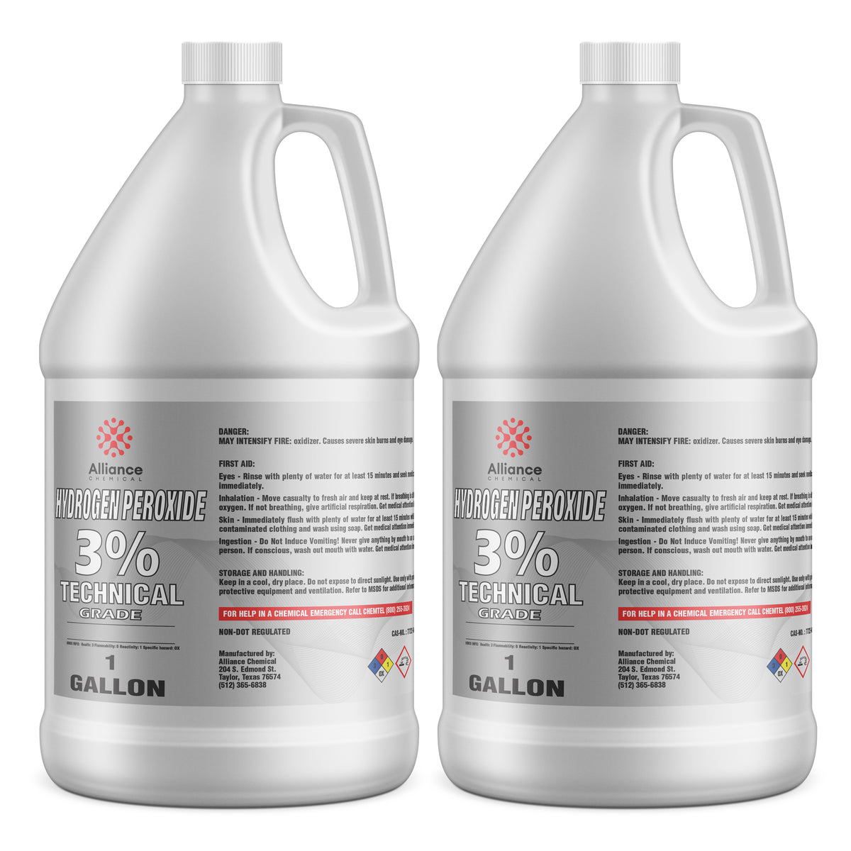 1-gallon containers of Alliance Chemical 3% Technical Grade Hydrogen Peroxide, HDPE jugs, hazmat symbols, and first aid