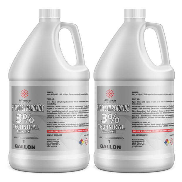 1-gallon containers of Alliance Chemical 3% Technical Grade Hydrogen Peroxide, HDPE jugs, hazmat symbols, and first aid