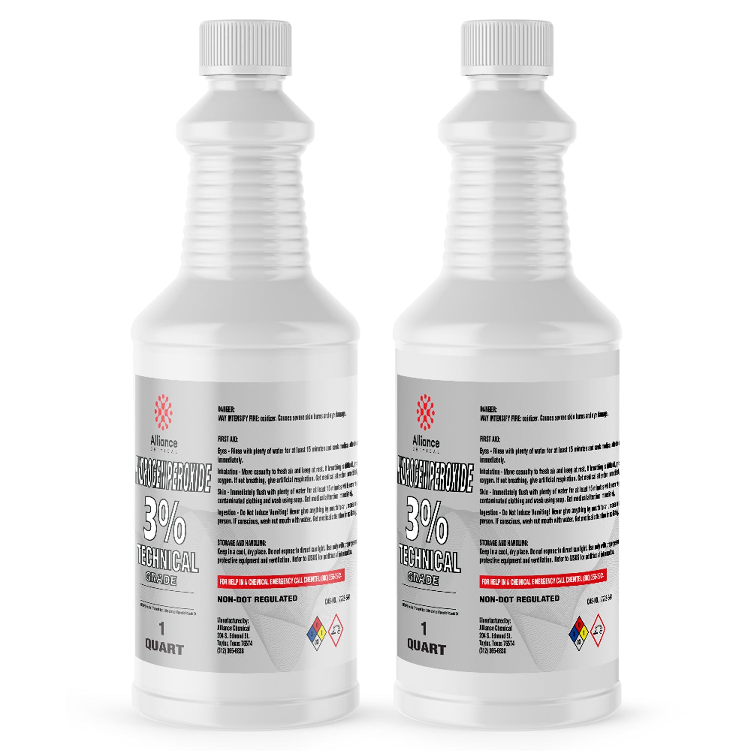 Two 1-quart bottles of Alliance Chemical 3% Technical Grade Hydrogen Peroxide in white HDPE containers with safety labeling, non-DOT regulated, featuring NFPA diamond symbols.