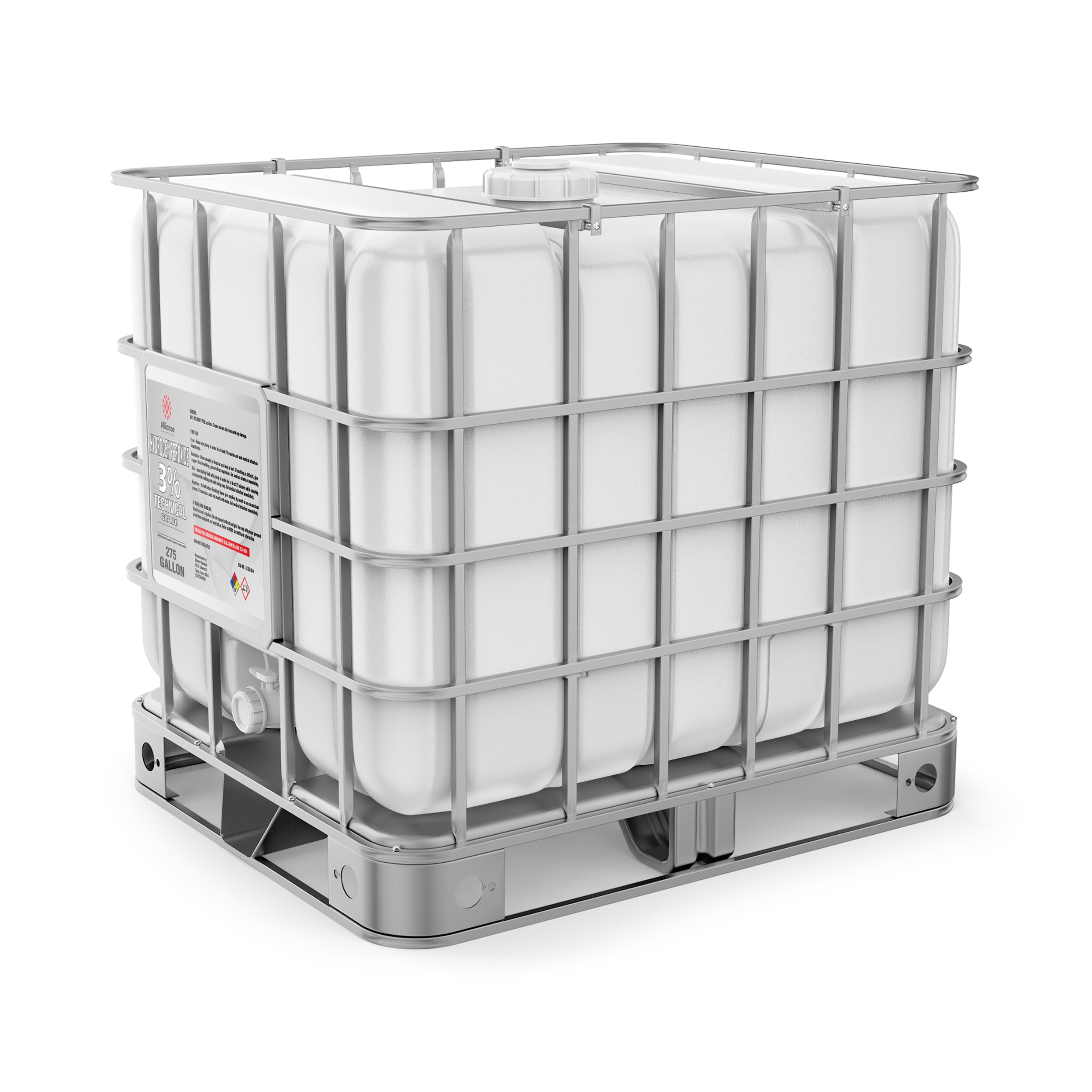 275-gallon IBC tote of technical-grade 3% hydrogen peroxide in white HDPE container with metal cage, hazmat labeling, and bottom discharge valve.