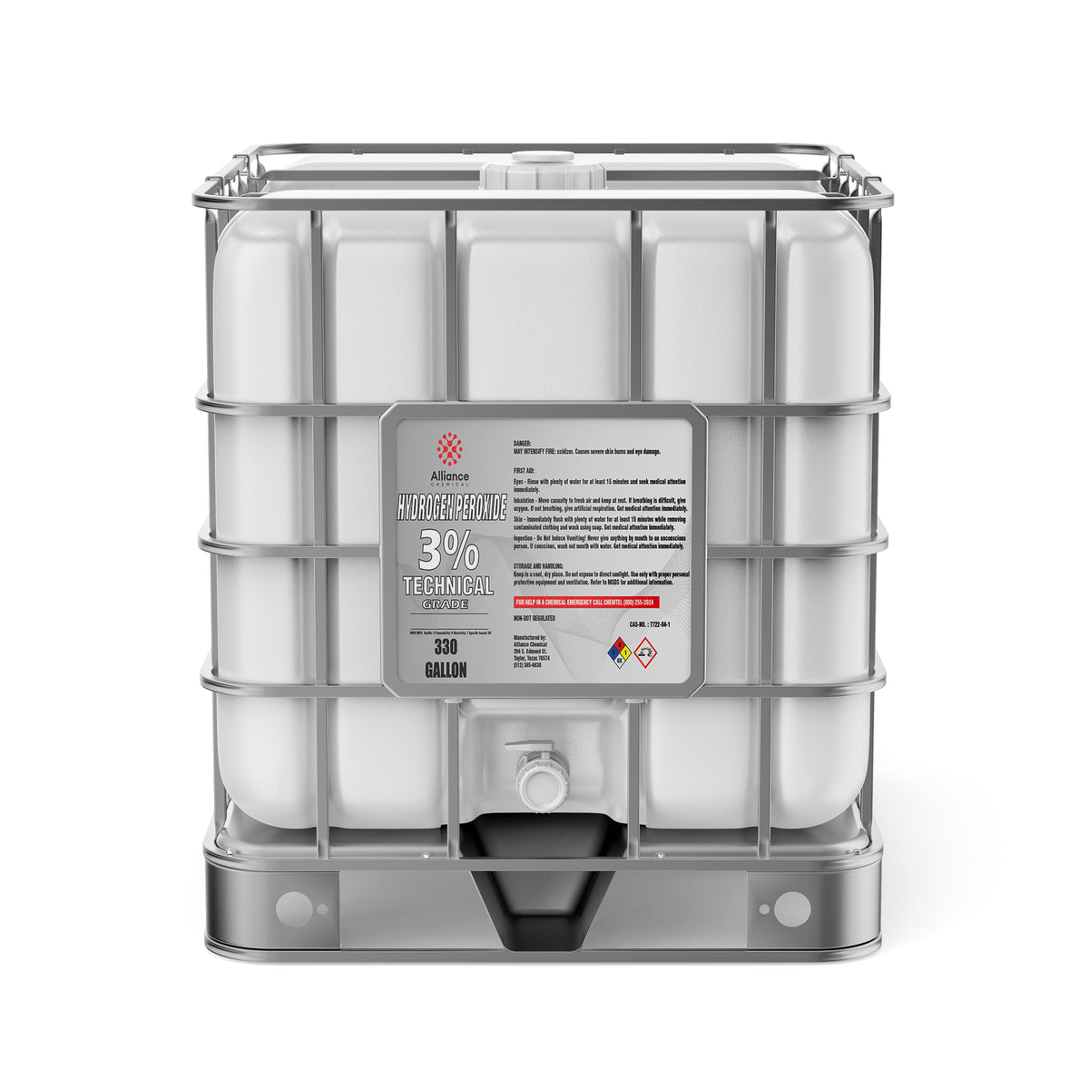 Alliance Chemical 330-gallon plastic tote of Hydrogen Peroxide 3% Technical Grade with steel cage and white cap.