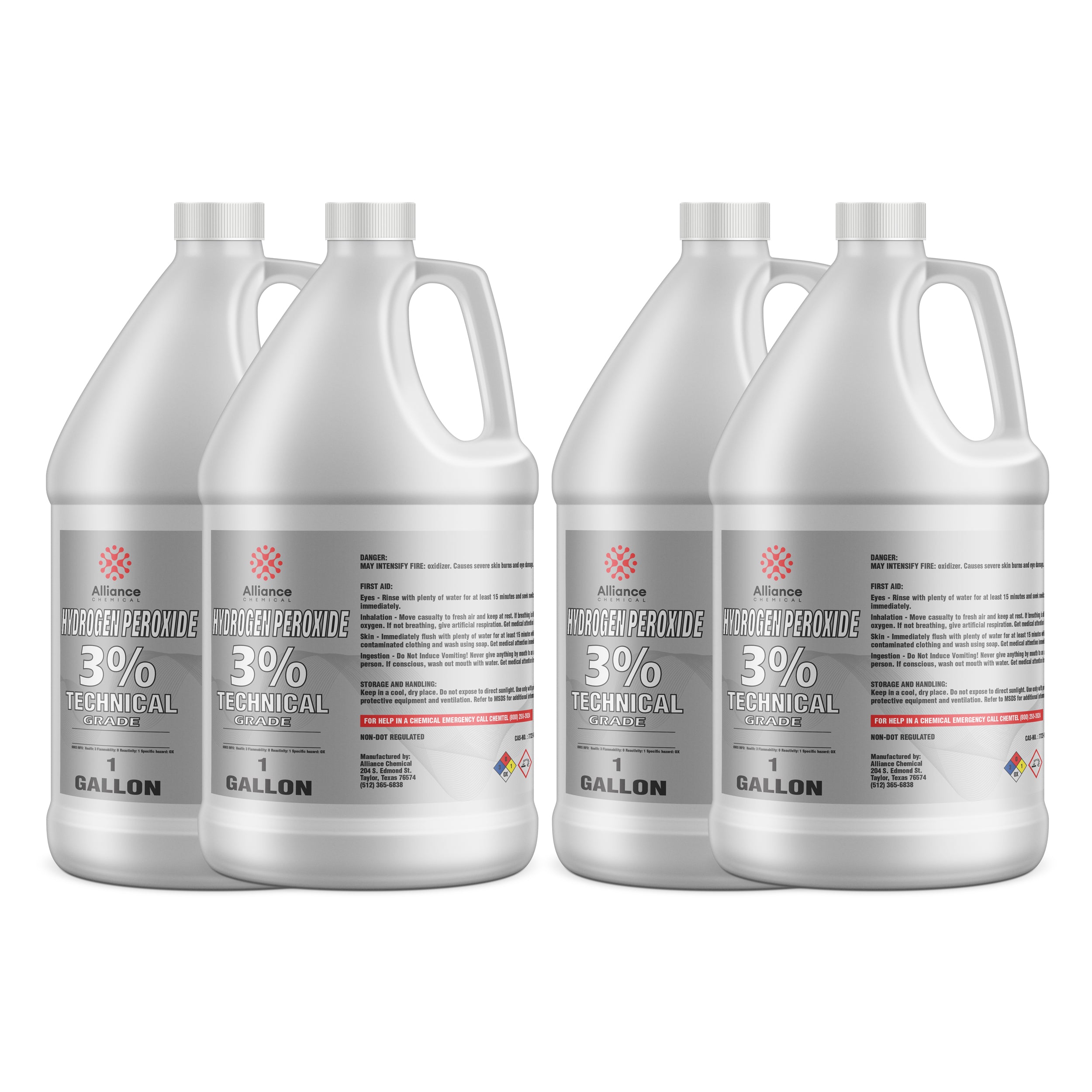 4x1-gallon Alliance Technical Grade 3% Hydrogen Peroxide in white HDPE containers with safety warnings, NFPA diamond, and ribbed caps.