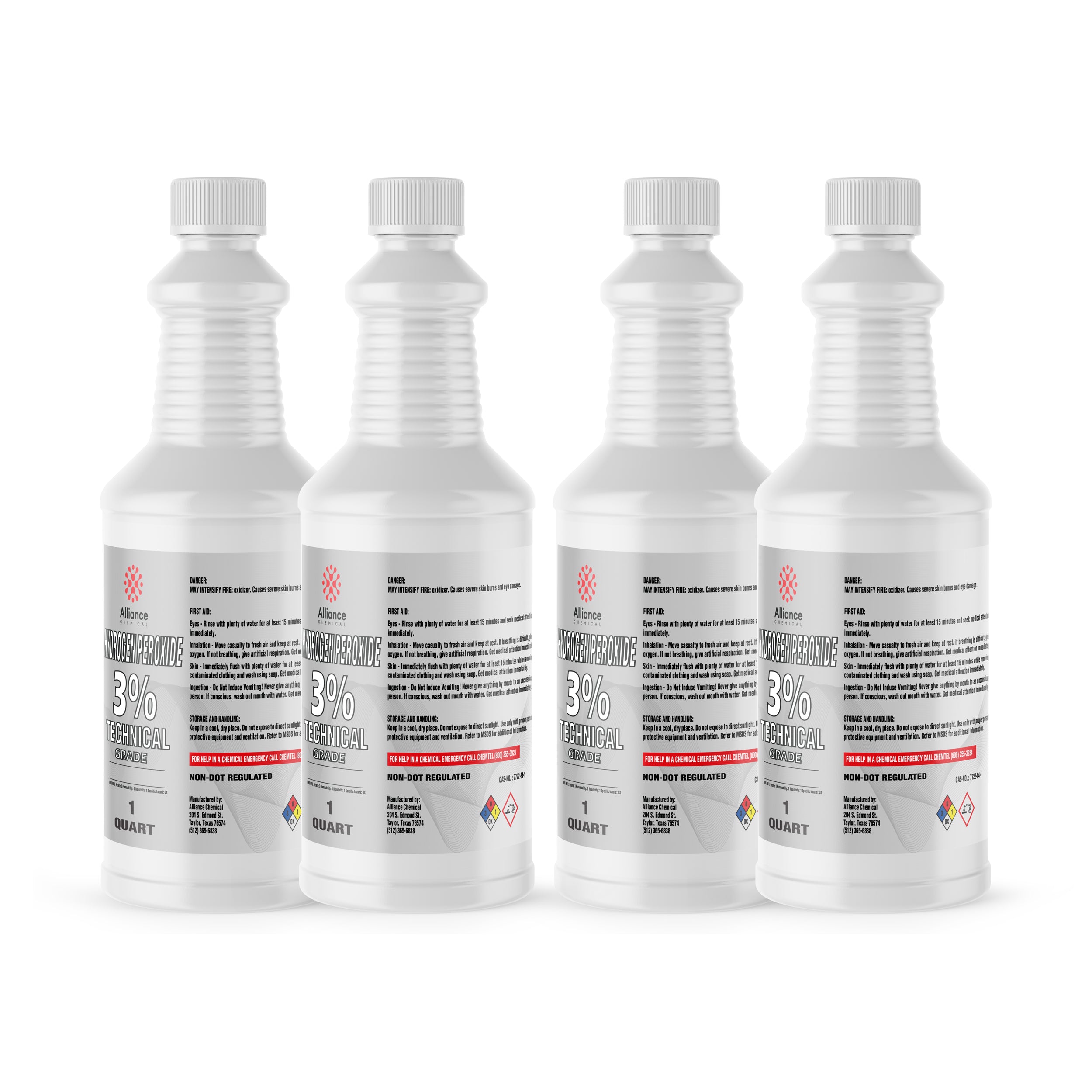 Quart bottles of 3% Technical Grade Hydrogen Peroxide in white HDPE containers with safety labels, hazard diamonds, and ribbed design, non-DOT regulated, 4-pack.