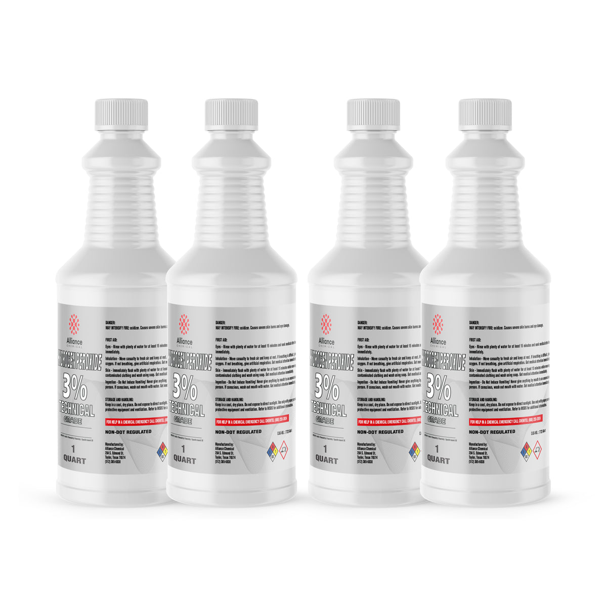 Four 1-quart plastic bottles of Alliance Chemical Hydrogen Peroxide 3% Technical Grade with white caps and labels.