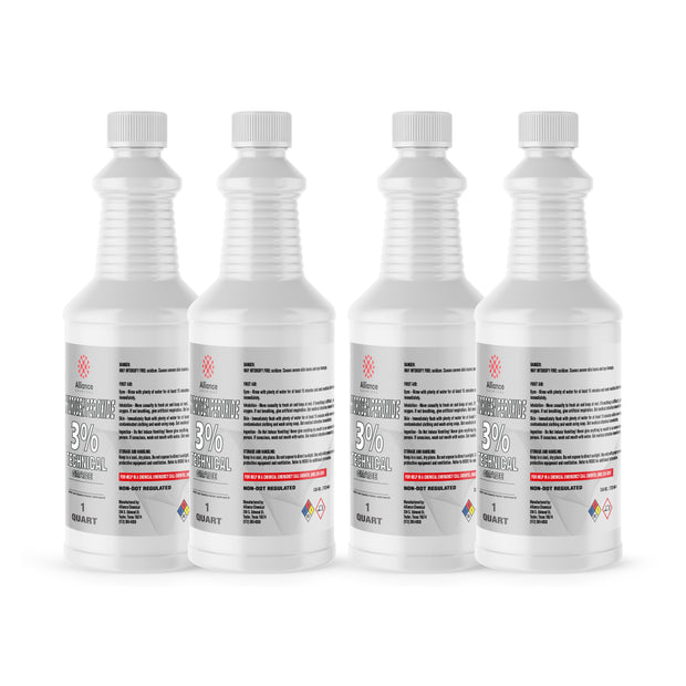 Four 1-quart plastic bottles of Alliance Chemical Hydrogen Peroxide 3% Technical Grade with white caps and labels.