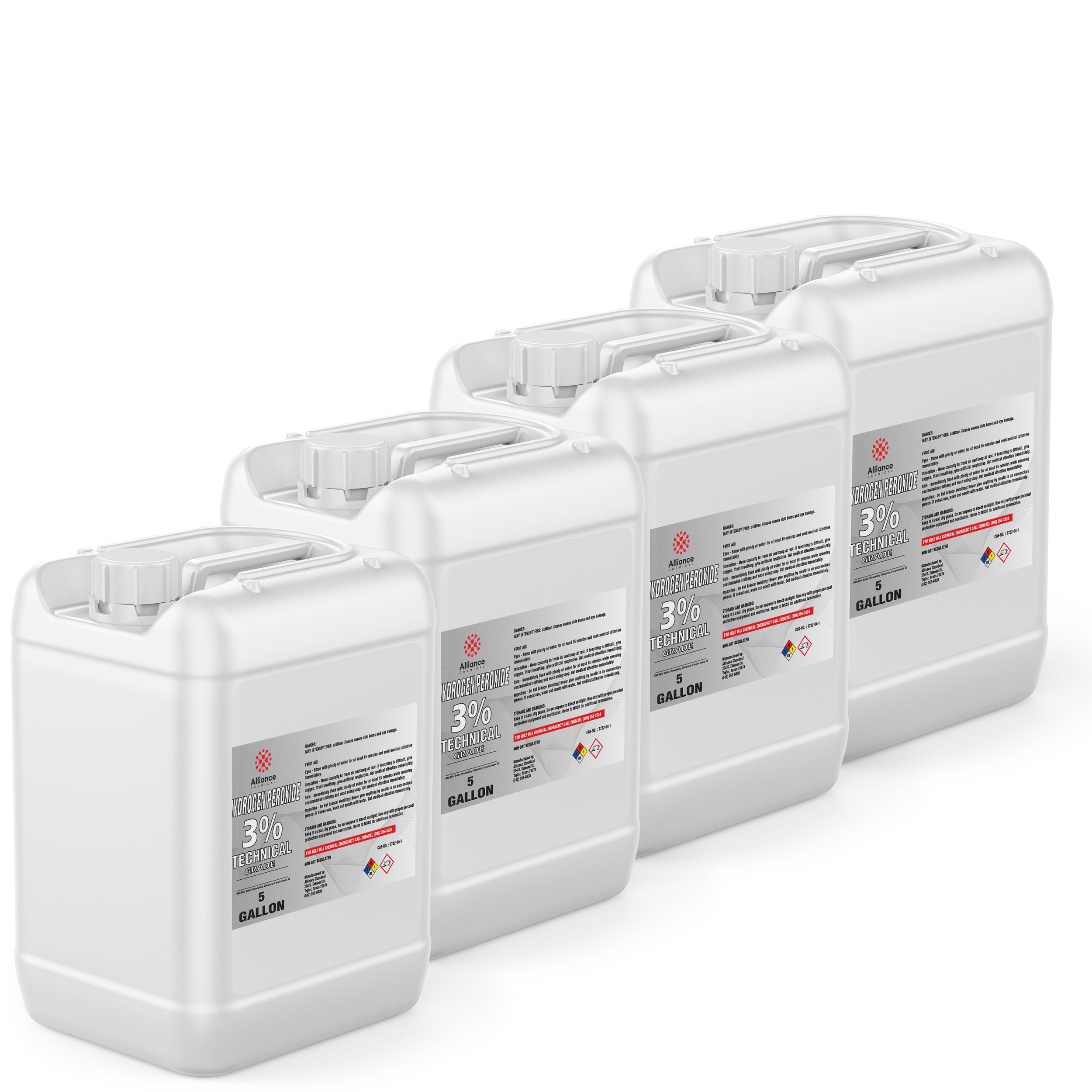 4x5-gallon HDPE containers of 3% Technical Grade Hydrogen Peroxide, white square jugs with gray labels, NFPA diamond hazard symbols, screw-top caps.