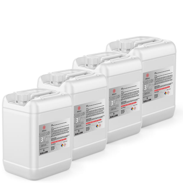 Four 5-gallon HDPE jugs of Alliance Chemical Hydrogen Peroxide 3% Technical Grade with white caps and labels