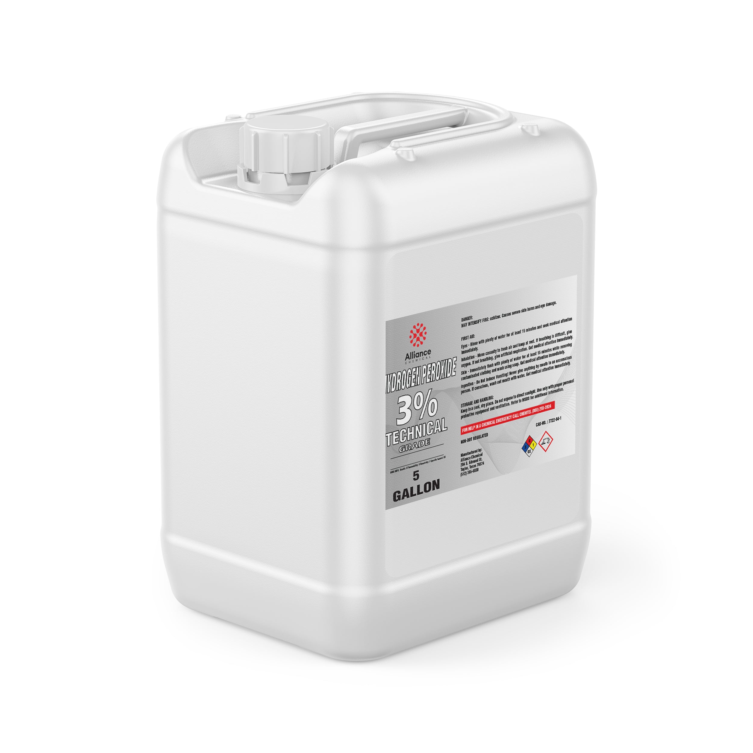 5-gallon white HDPE container of Alliance Chemical 3% Technical Grade Hydrogen Peroxide with NFPA diamond label and secure screw cap.