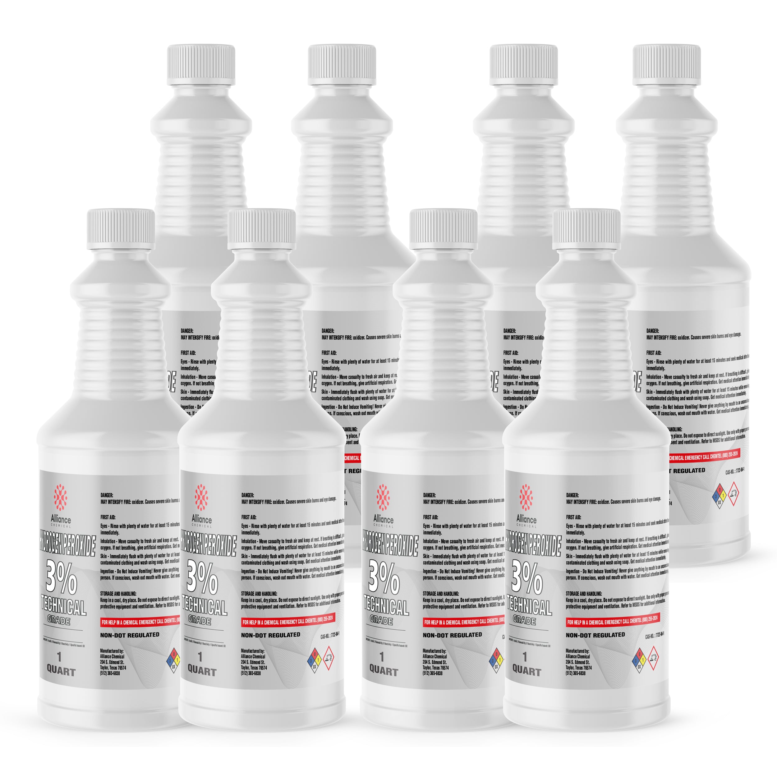 Quart bottles of 3% Technical Grade Hydrogen Peroxide in white HDPE containers with safety caps, hazard warning symbols, and non-DOT regulated labeling.