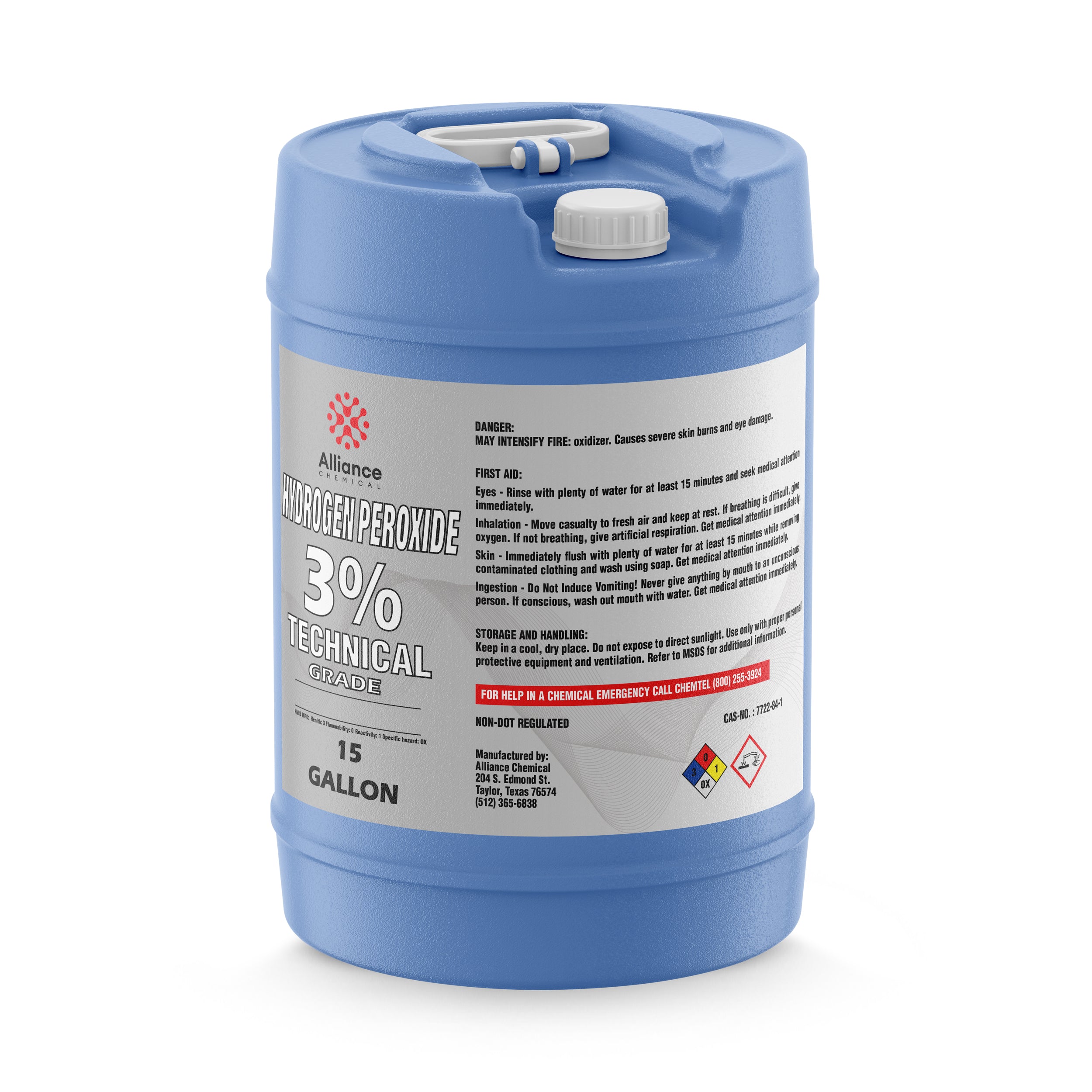 15-gallon blue HDPE carboy of Alliance Chemical 3% Technical Grade Hydrogen Peroxide with safety warnings, NFPA diamond, and oxidizer symbols.