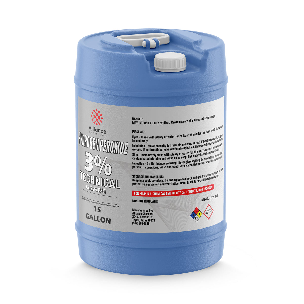 15-gallon HDPE carboy of Alliance Chemical 3% Technical Grade Hydrogen Peroxide, NFPA diamond, and oxidizer symbols