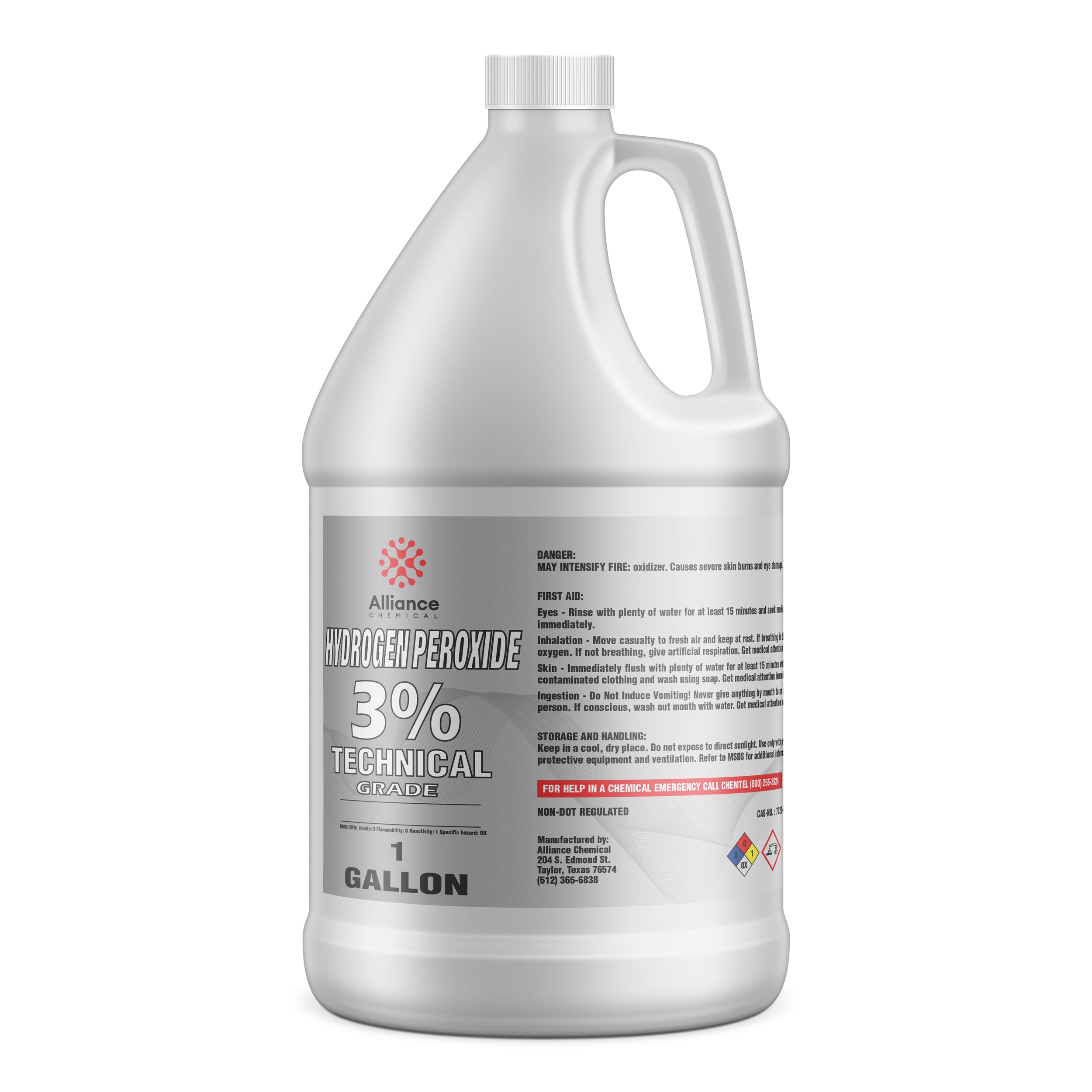 1-gallon Alliance Chemical hydrogen peroxide 3% technical-grade solution in white HDPE jug with safety warnings, oxidizer symbol, and first aid instructions.