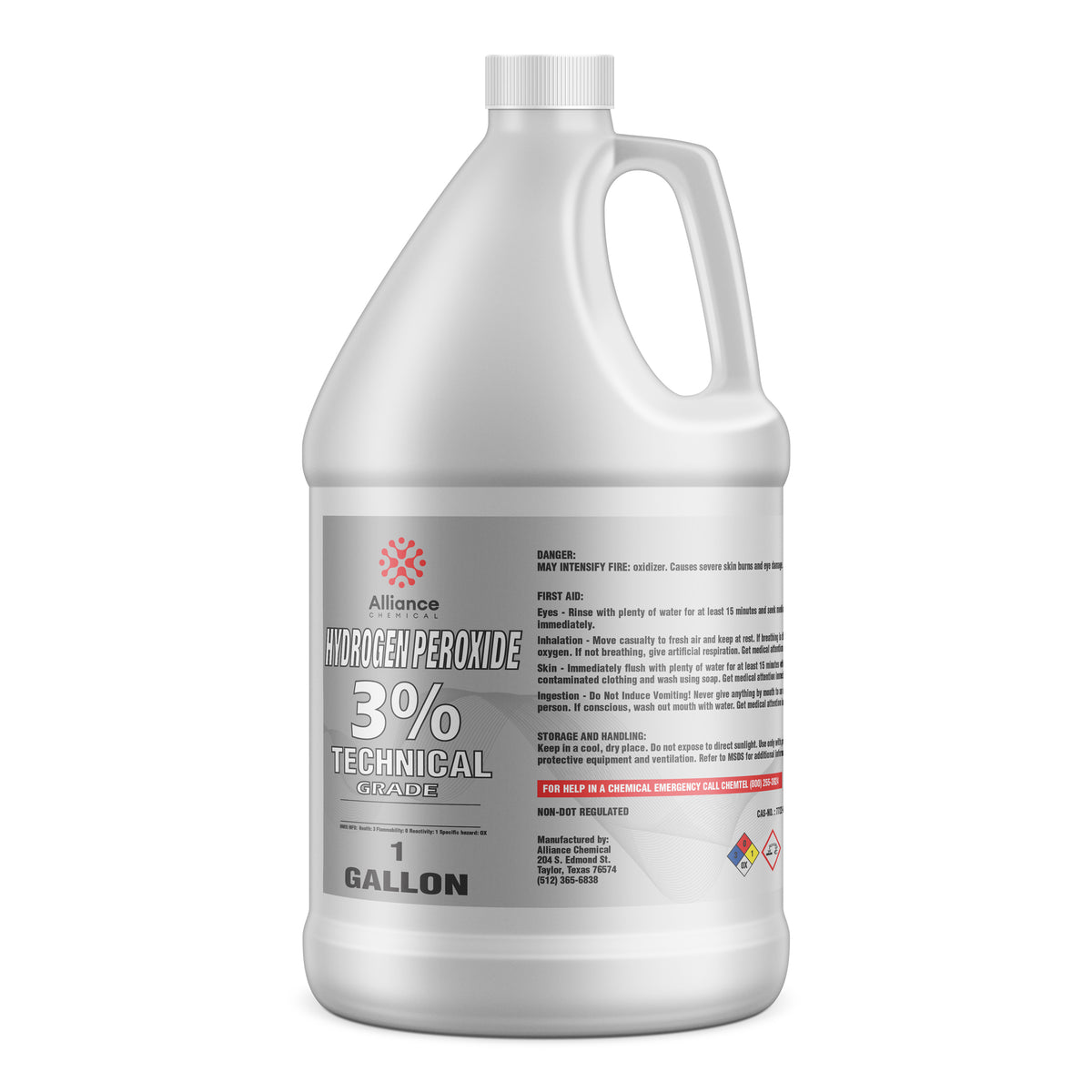 1-gallon Alliance Chemical hydrogen peroxide 3% technical-grade solution in HDPE jug, oxidizer symbol, and first aid