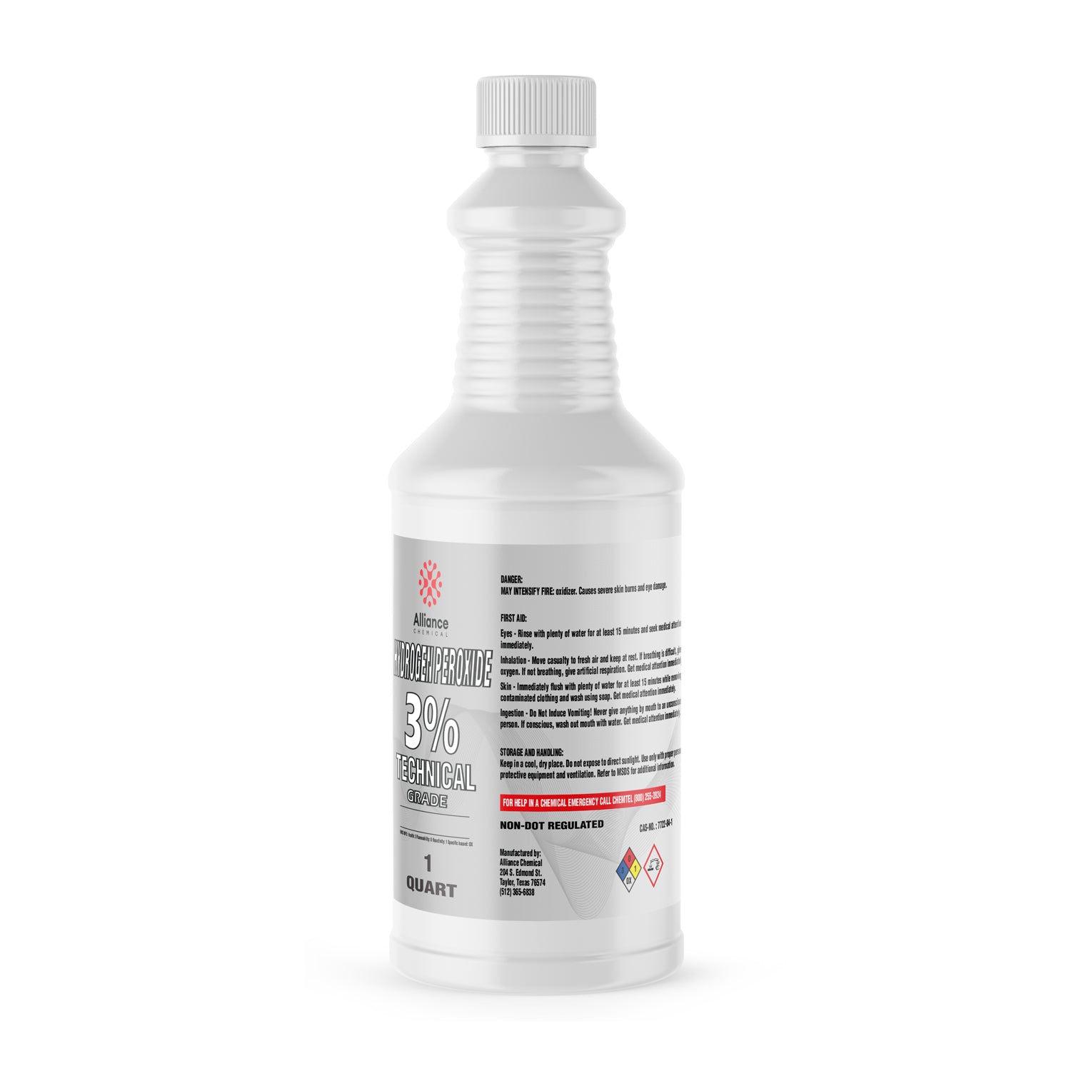 1-quart white HDPE bottle of Alliance Chemical 3% Technical Grade Hydrogen Peroxide with safety hazard diamonds and first aid instructions.