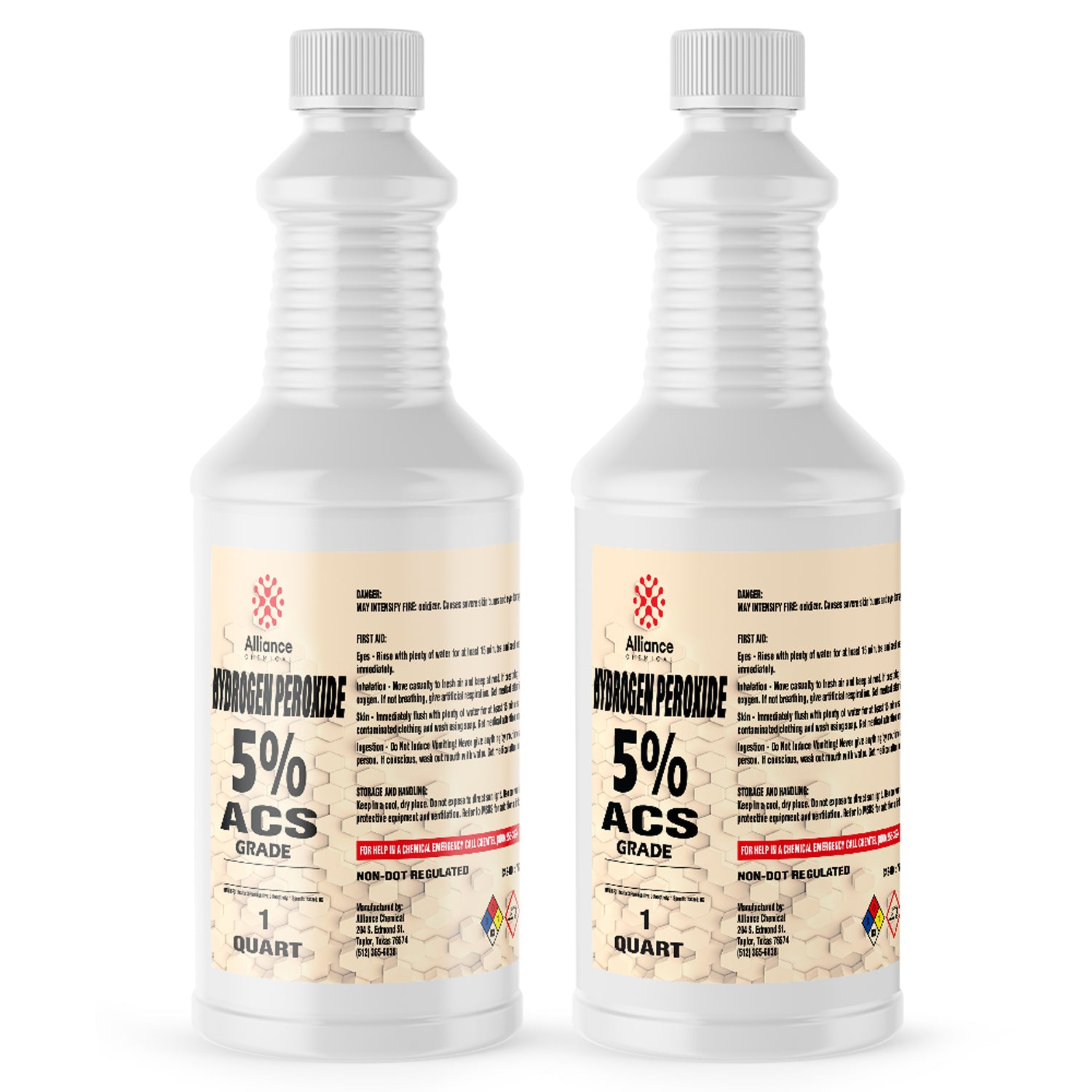 1-quart bottles of 5% ACS-grade Hydrogen Peroxide in white HDPE containers with safety warnings, non-DOT regulated, Alliance Chemical brand.