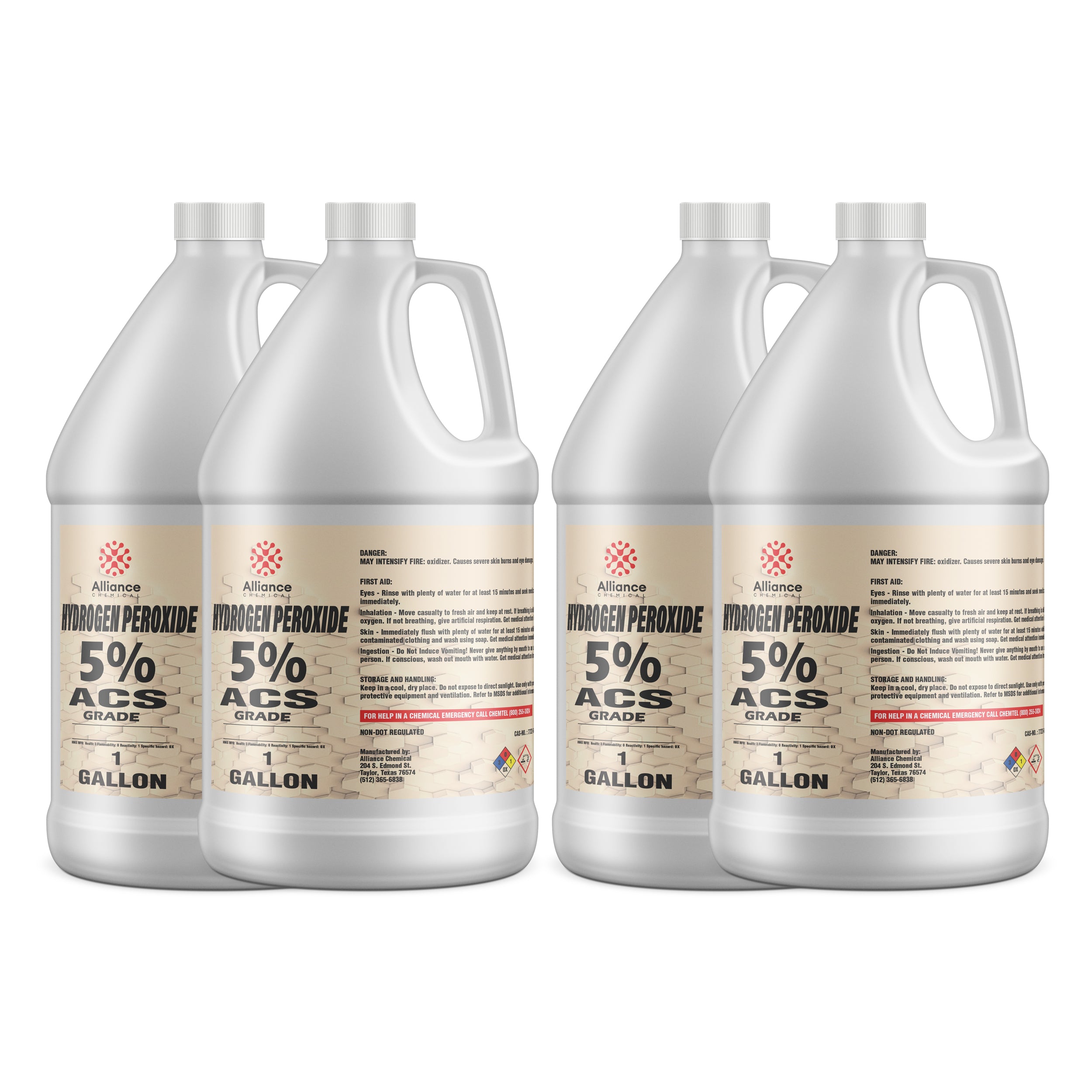 4x1-gallon HDPE bottles of Alliance 5% ACS-grade Hydrogen Peroxide with safety warnings, chemical hazard symbols, and white screw caps.