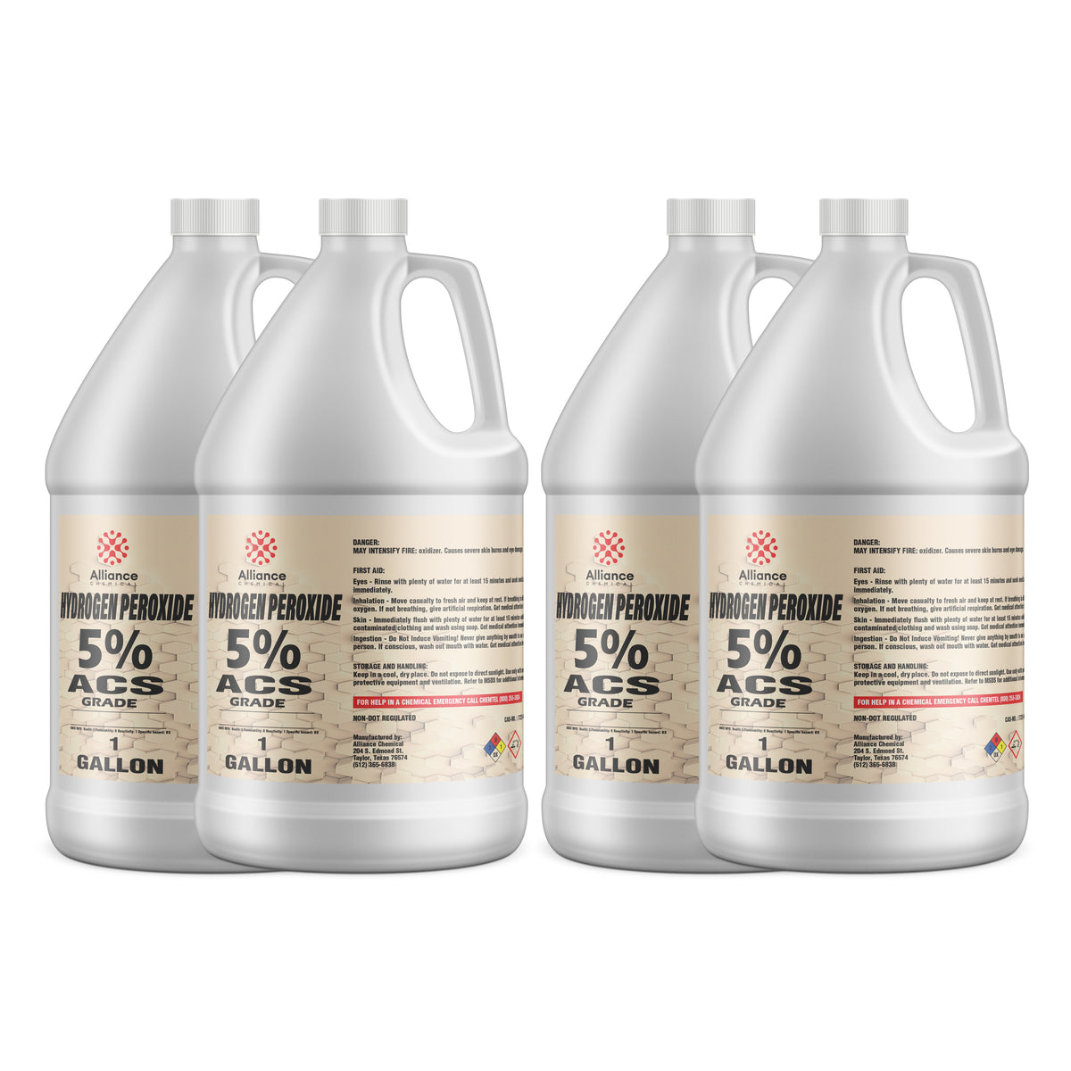 Alliance Chemical 4x1-gallon HDPE bottles of Alliance 5% ACS-grade Hydrogen Peroxide, chemical hazard symbols, and white