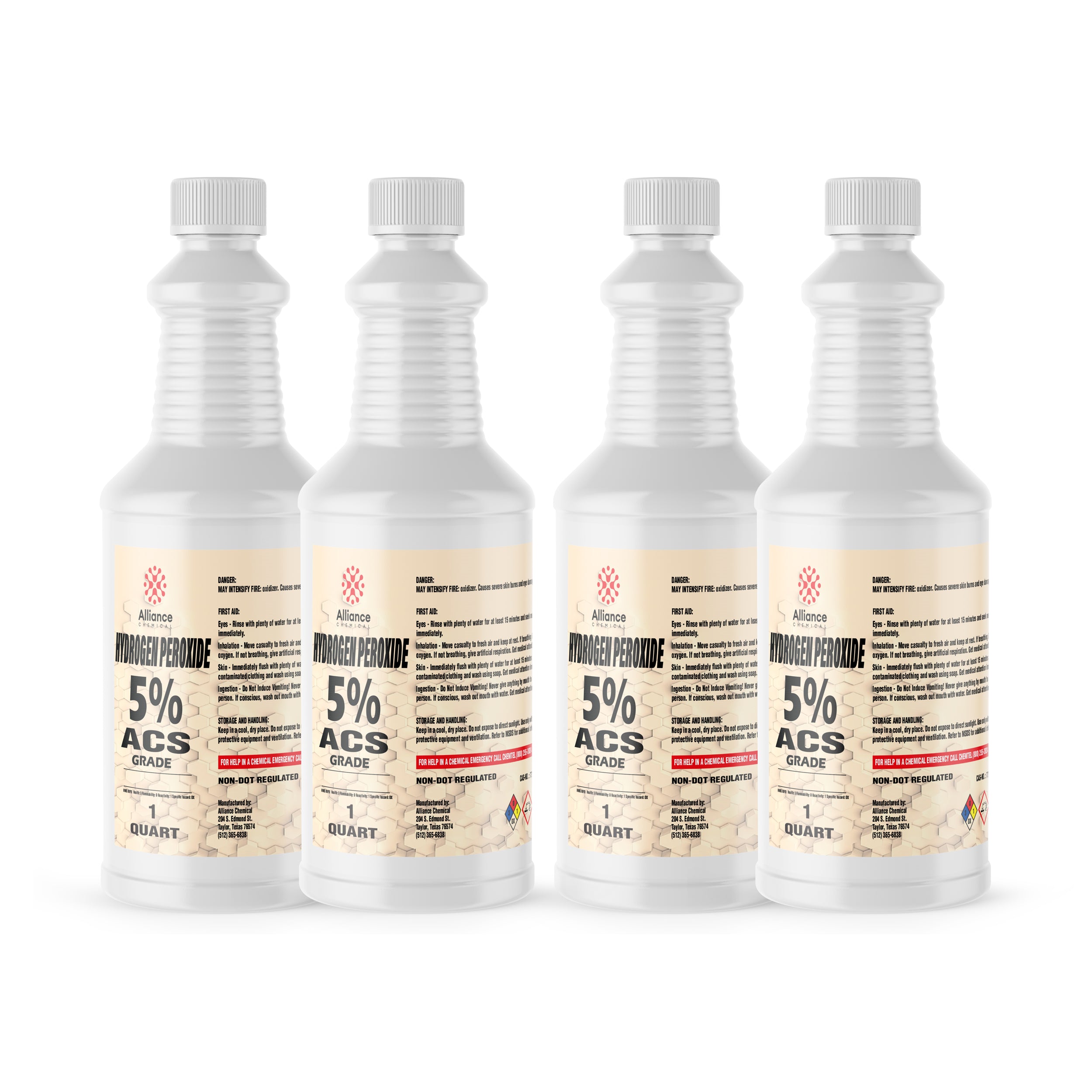 1-quart bottles of 5% ACS-grade Hydrogen Peroxide in white HDPE containers with safety caps, non-DOT regulated, 4-pack set, Alliance Chemical.