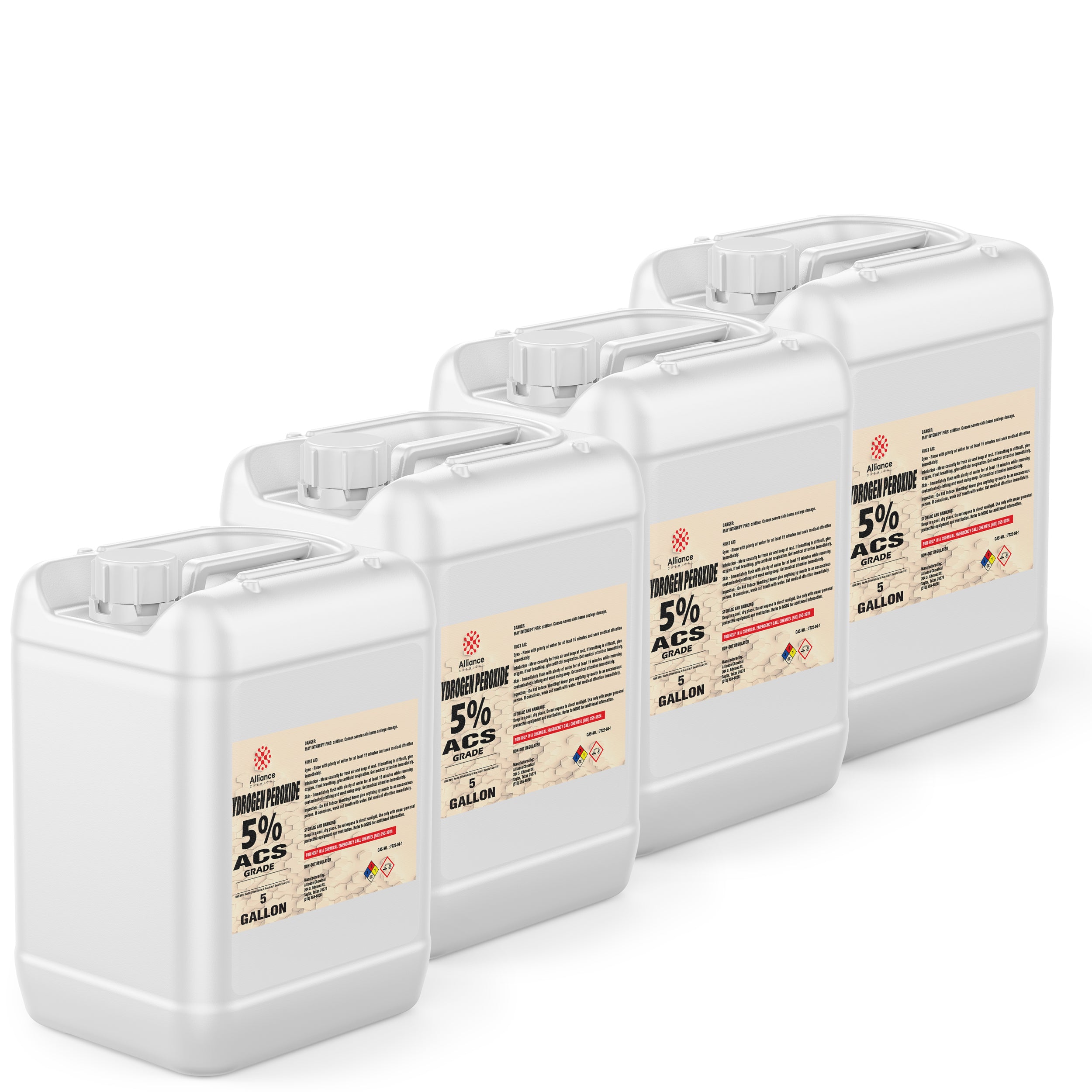 4x5-gallon white HDPE containers of 5% ACS-grade hydrogen peroxide with hazard warning labels, Alliance Chemical branding and NFPA diamond symbols.