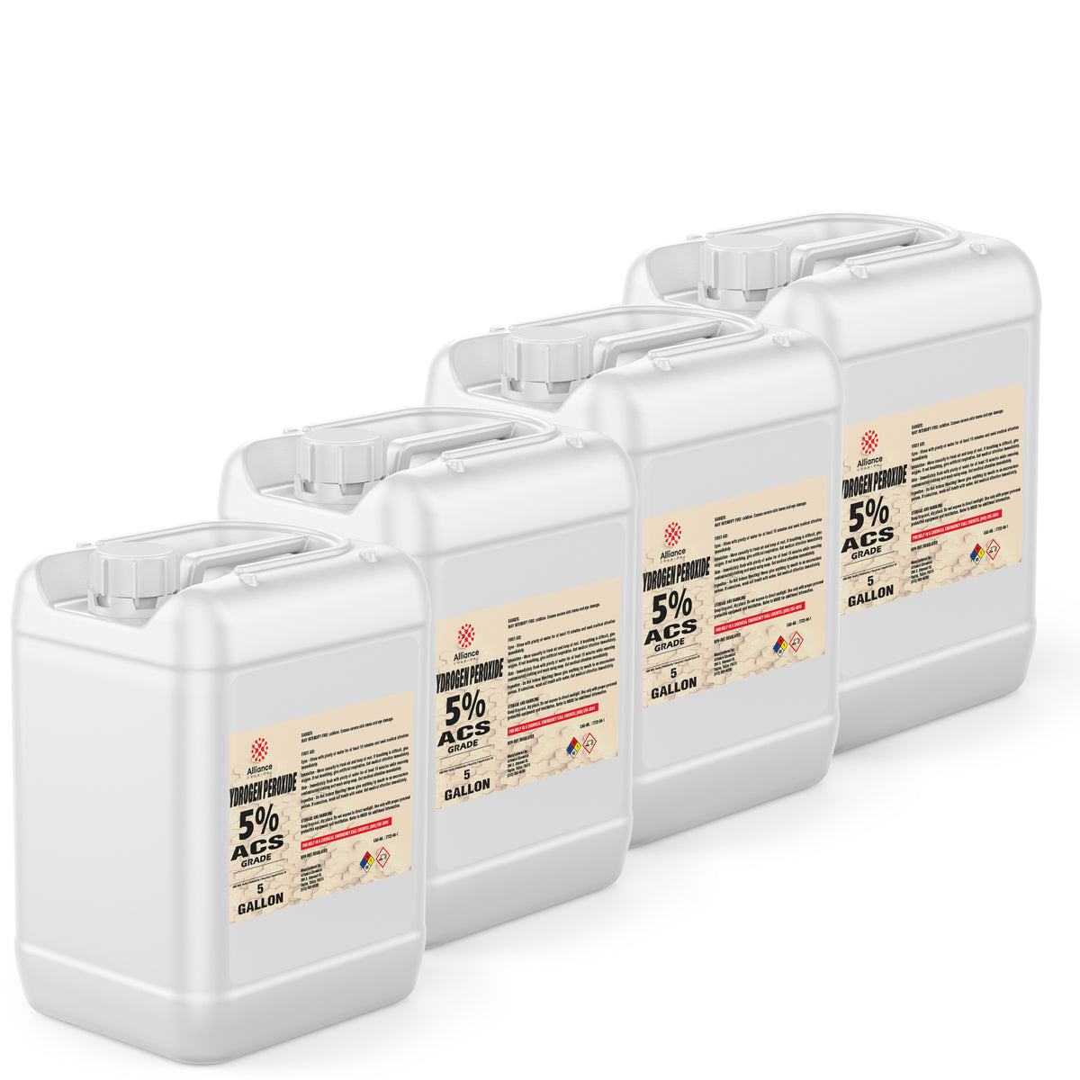 4x5-gallon HDPE containers of 5% ACS-grade hydrogen peroxide Alliance Chemical branding and NFPA diamond symbols
