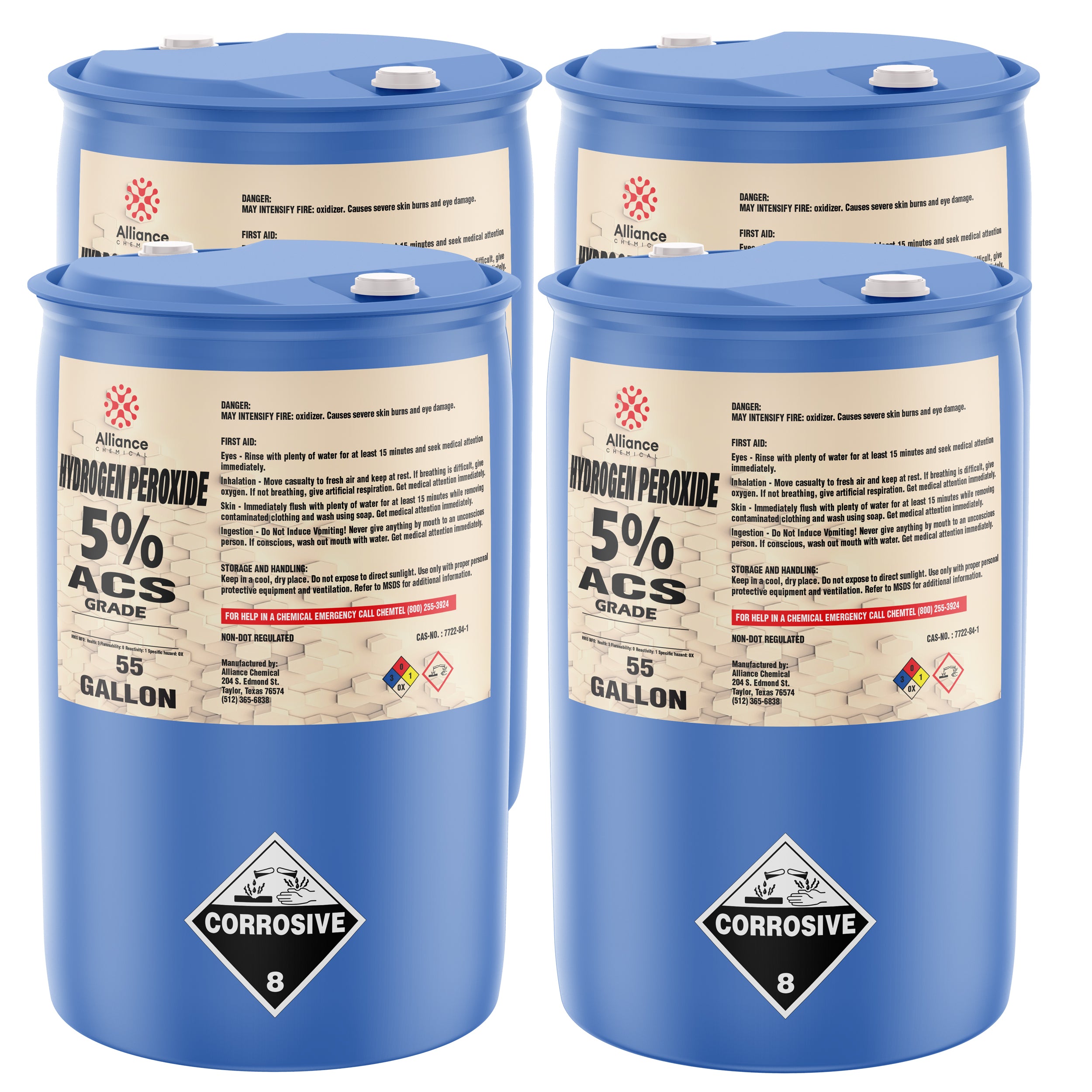 55-gallon blue drums of 5% ACS-grade Hydrogen Peroxide by Alliance Chemicals, featuring corrosive warning labels, safety information, and secure white caps.