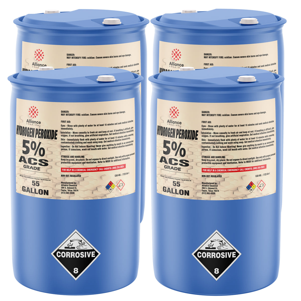 55-gallon blue drums of 5% ACS-grade Hydrogen Peroxide by Alliance Chemicals safety information, and caps