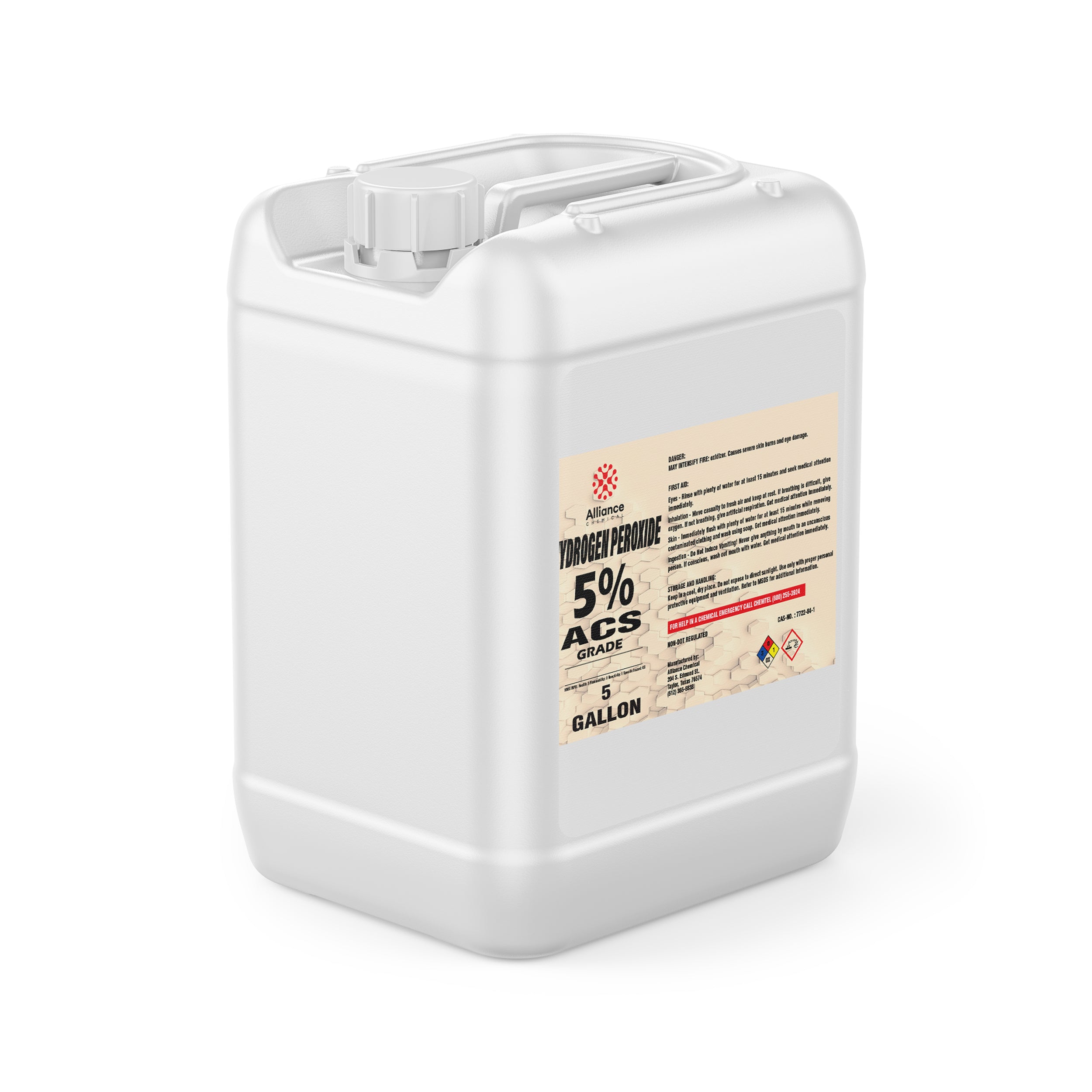 5-gallon white HDPE container of 5% ACS-grade hydrogen peroxide from Alliance Chemical with hazard warning labels and secure screw cap.