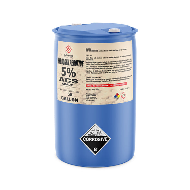 55-gallon blue drum of 5% ACS-grade Hydrogen Peroxide by Alliance Chemical