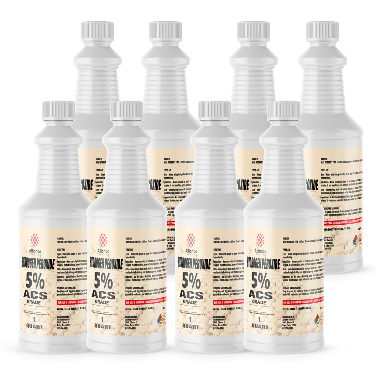 1-quart bottles of 5% ACS-grade hydrogen peroxide in HDPE containers with safety labels, non-DOT regulated, Alliance