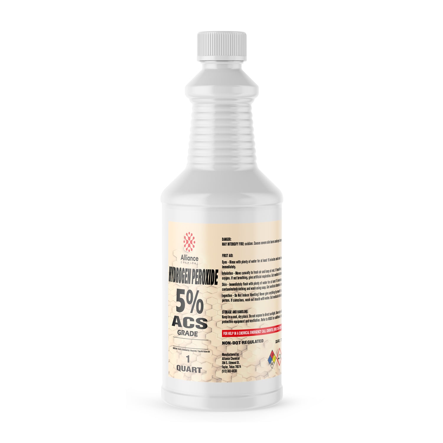 1-quart white HDPE bottle of 5% ACS-grade hydrogen peroxide with safety labels, ribbed grip design, and NFPA hazard diamond.