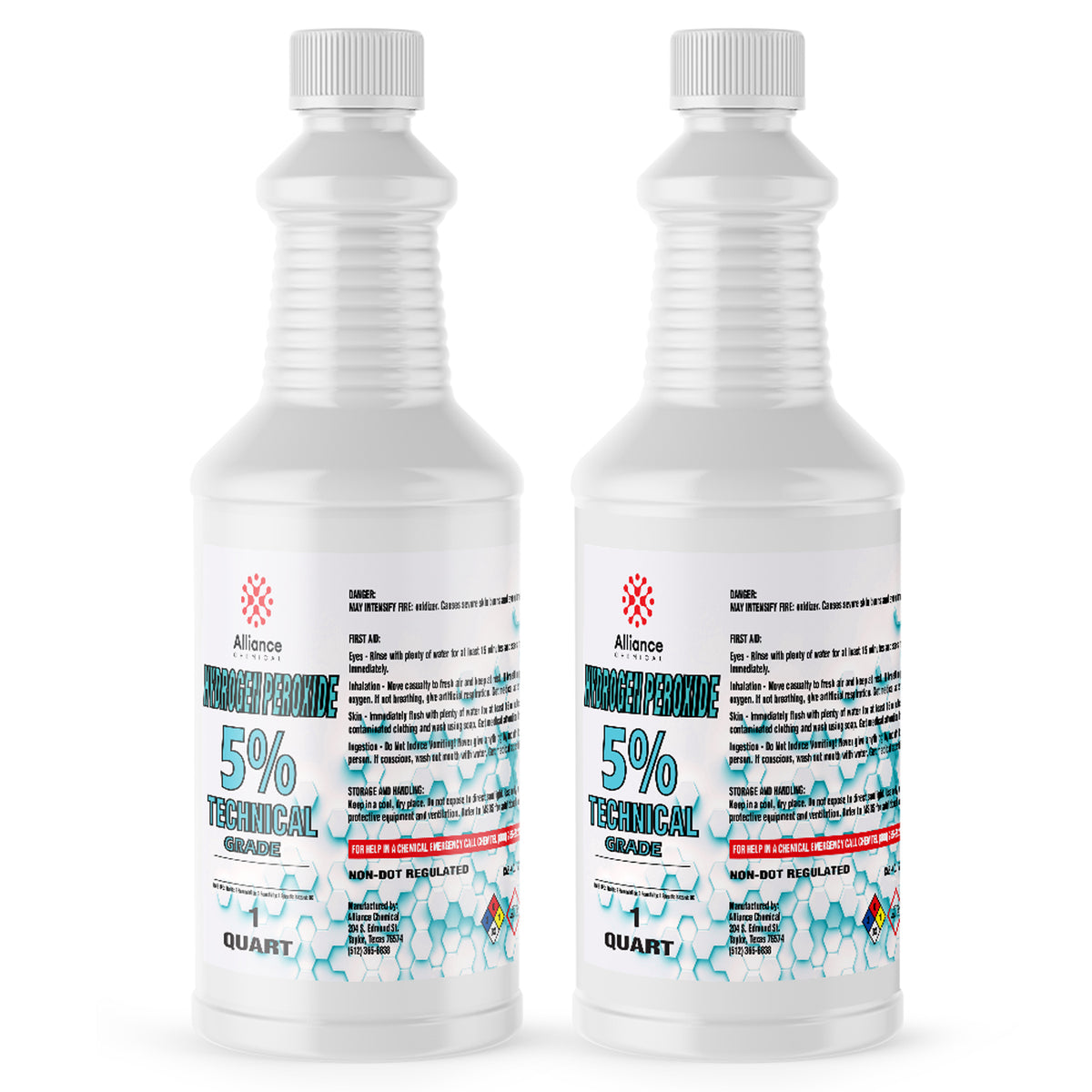 1-quart bottles of Alliance Chemical 5% Technical Grade Hydrogen Peroxide, HDPE containers, non-DOT regulated